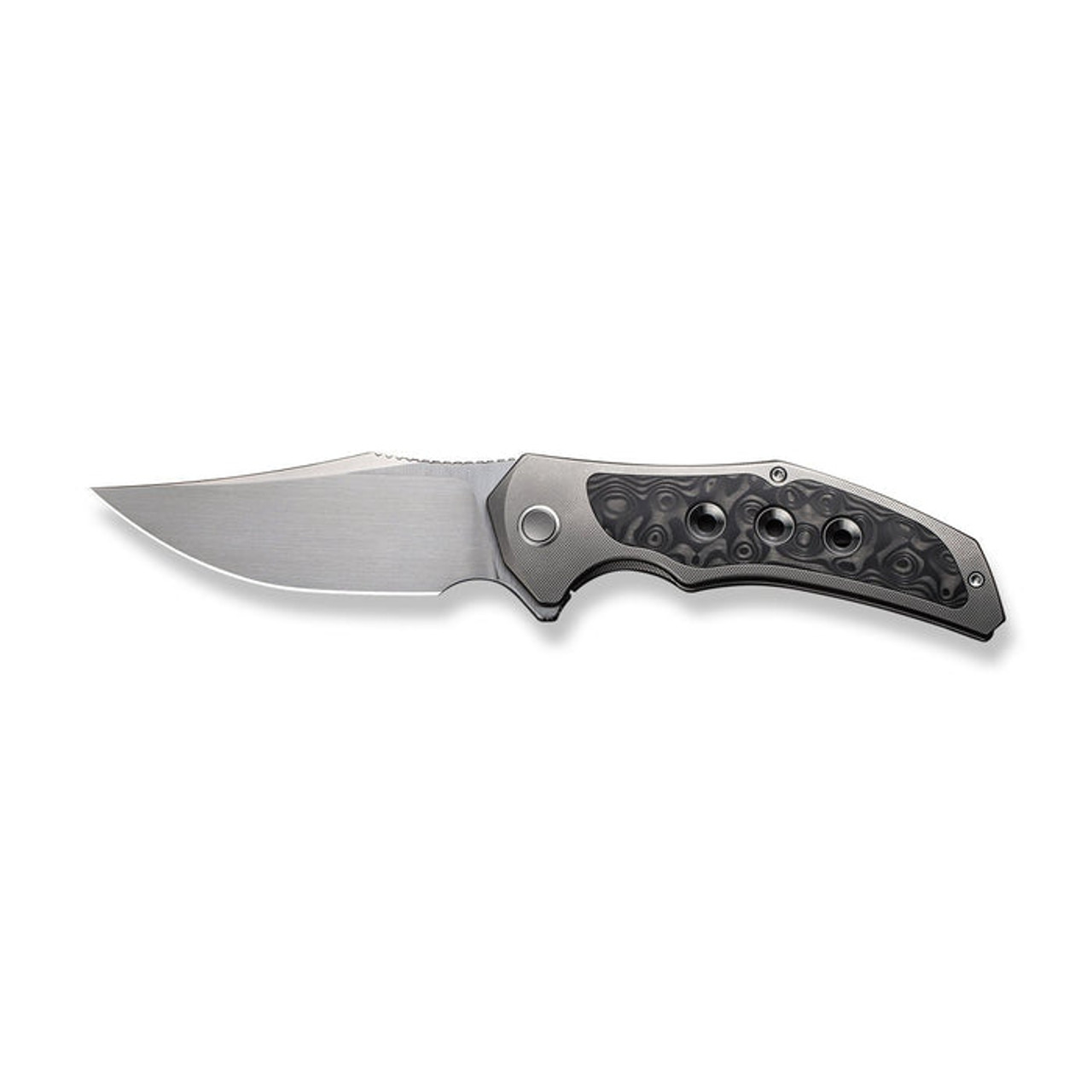 WE Knives Magnetron (WE180582) 3.76" CPM-20CV Satin Clip Point Plain Edge Blade, Black Grey Titanium Handle.