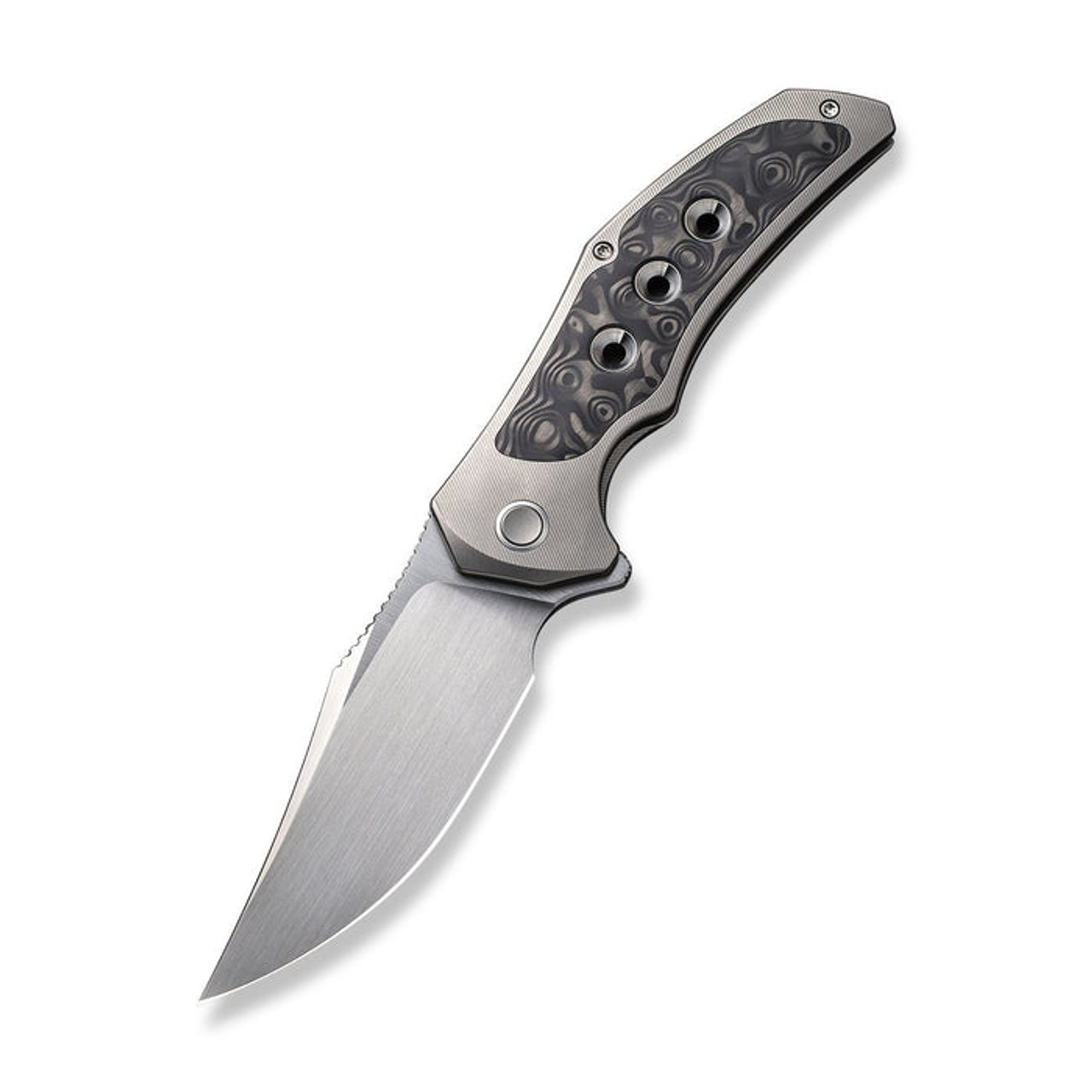 WE Knives Magnetron (WE180582) 3.76" CPM-20CV Satin Clip Point Plain Edge Blade, Black Grey Titanium Handle.