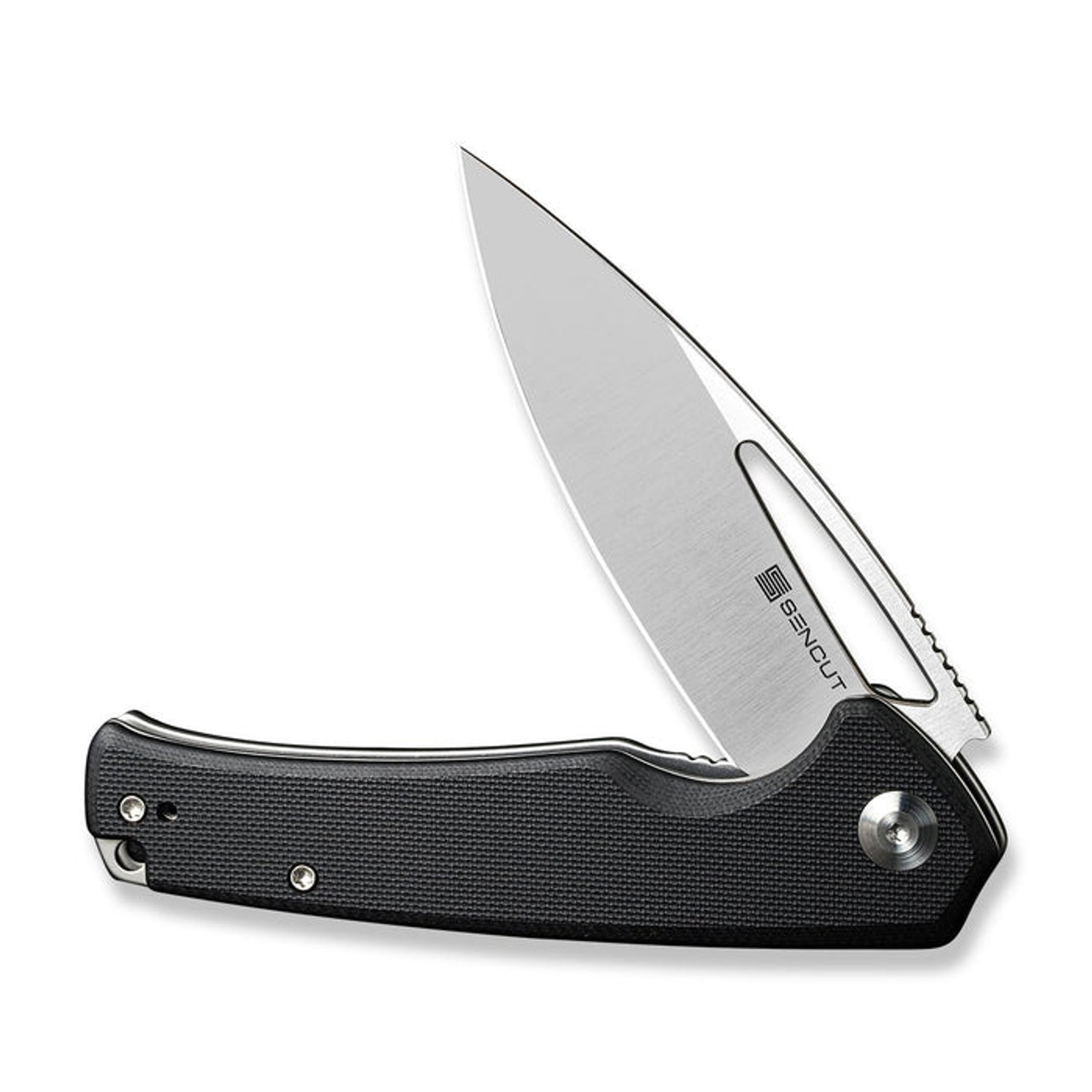 Sencut Mims (S210131) 3.48" 9Cr18MoV Satin Drop Point Plain Edge Blade, Black G-10 Handle.