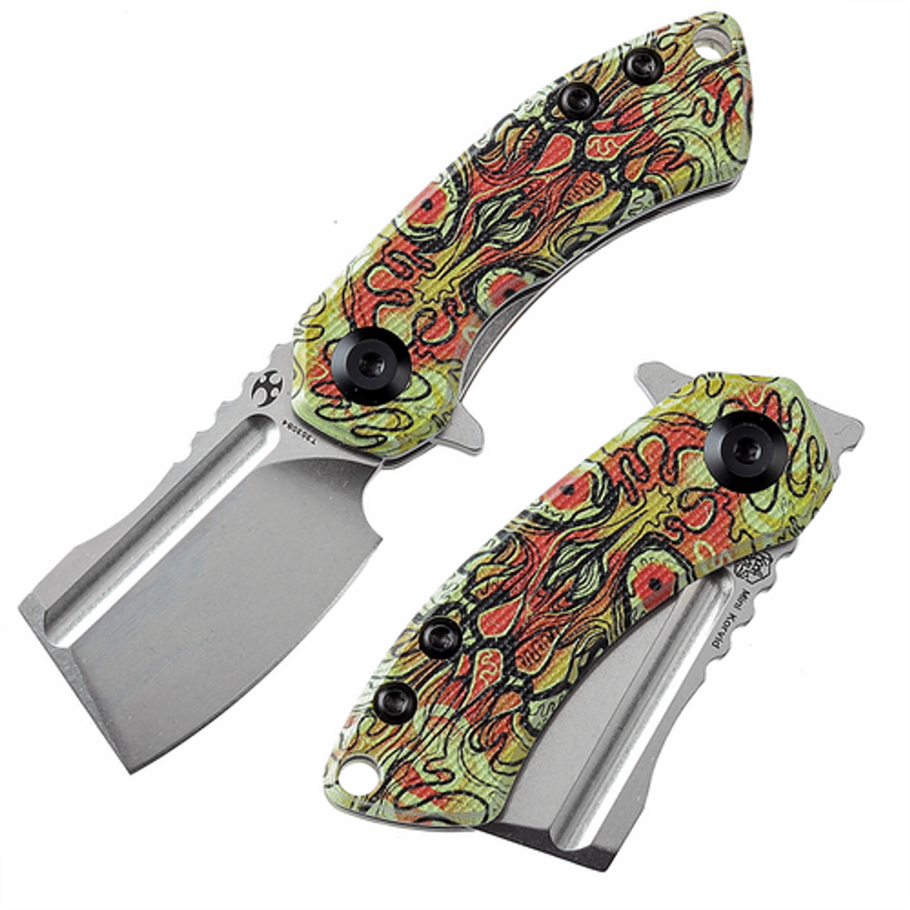 Kansept Mini Korvid (KT3030B4) 1.50" 154CM Stonewashed Cleaver Blade, Undead Yellow Print G-10 Handle.