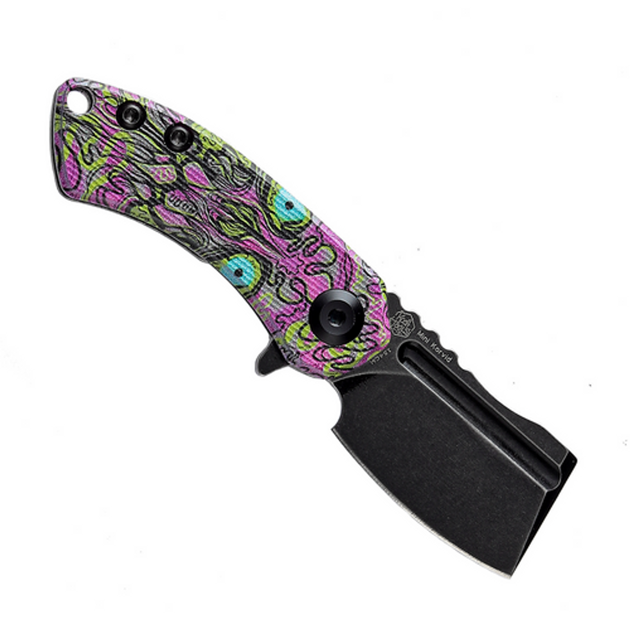 Kansept Mini Korvid (KT3030B3) 1.45" Black Stonewashed 154CM Black TiCn Coated Cleaver Plain Blade, Purple G-10 Undead Print Handle