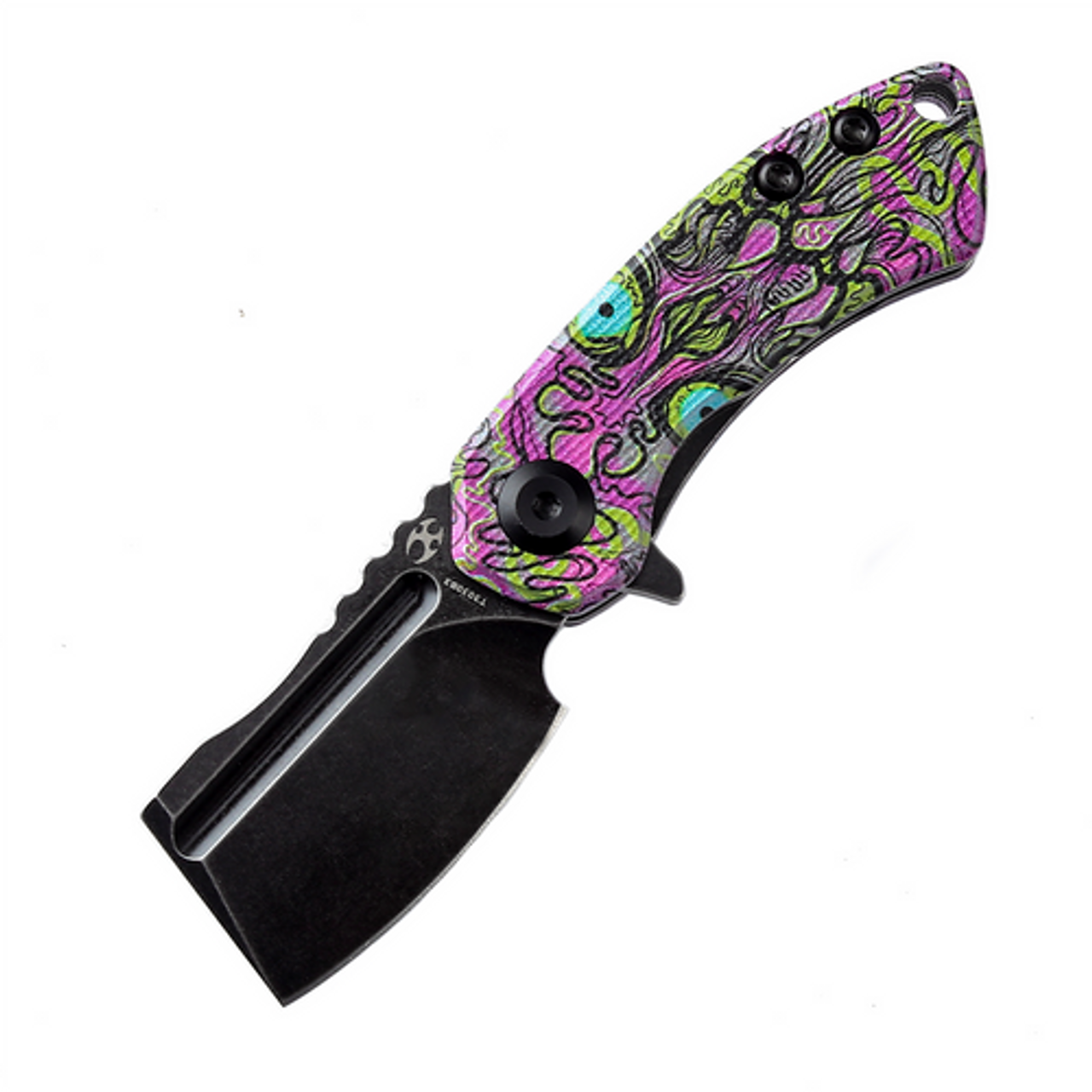 Kansept Mini Korvid (KT3030B3) 1.45" Black Stonewashed 154CM Black TiCn Coated Cleaver Plain Blade, Purple G-10 Undead Print Handle