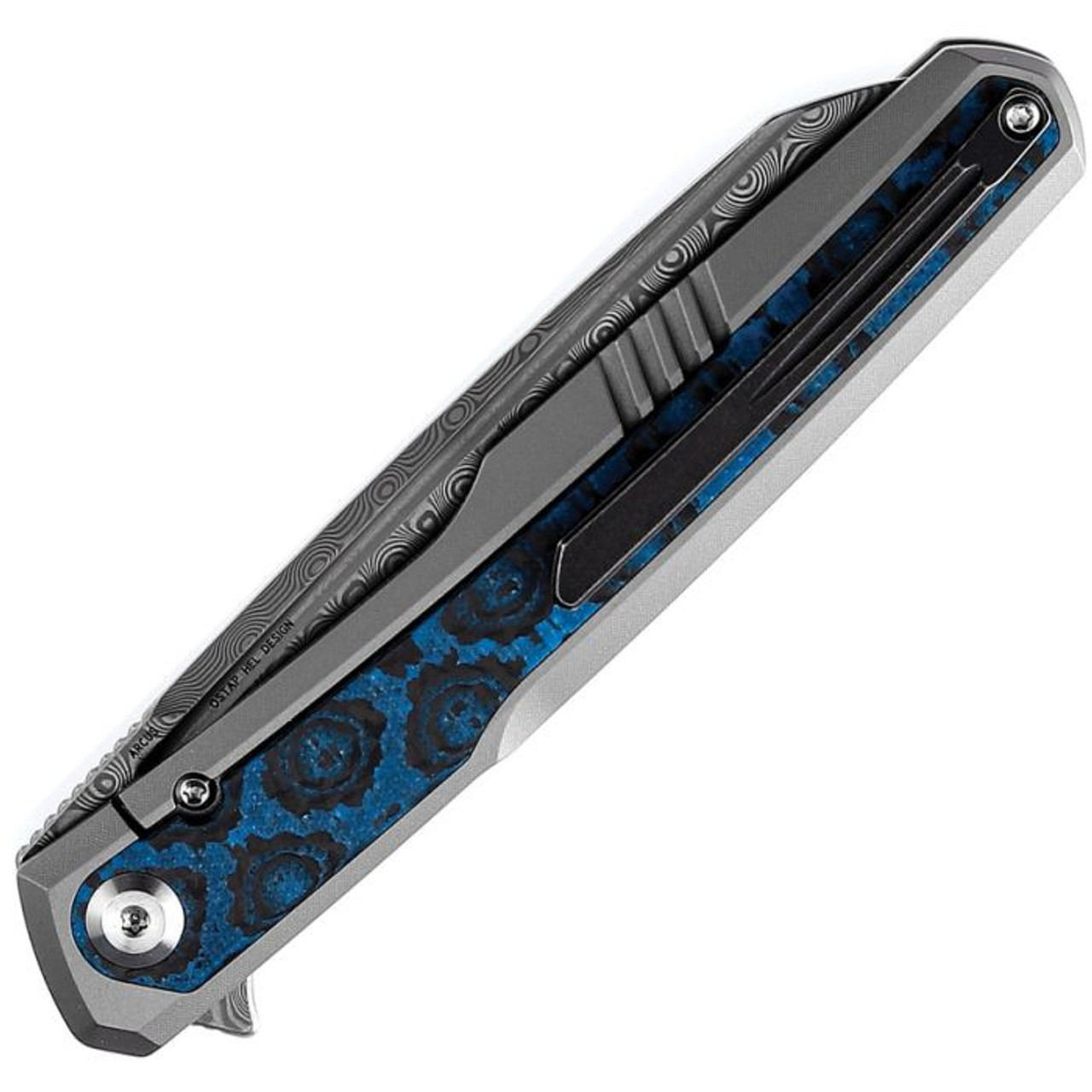 Kansept Arcus (K1046D2) 3.43" Damascus Wharncliffe Plain Blade, Bead Blasted Titanium Handle with Blue Rose Pattern Carbon Fiber Inlay