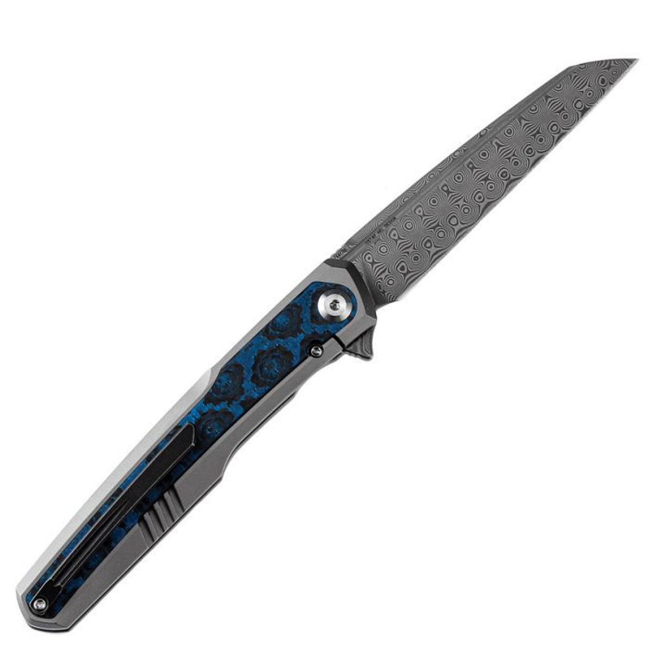 Kansept Arcus (K1046D2) 3.43" Damascus Wharncliffe Plain Blade, Bead Blasted Titanium Handle with Blue Rose Pattern Carbon Fiber Inlay
