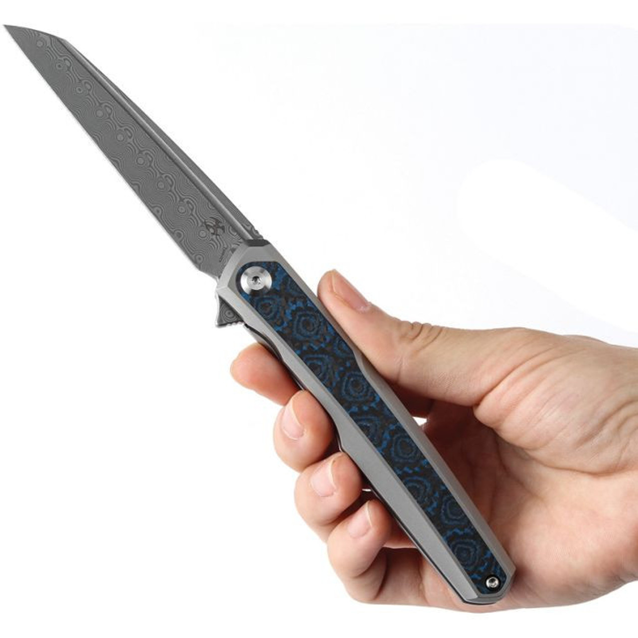 Kansept Arcus (K1046D2) 3.43" Damascus Wharncliffe Plain Blade, Bead Blasted Titanium Handle with Blue Rose Pattern Carbon Fiber Inlay