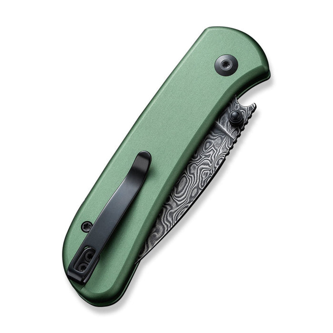 Civivi Qubit (CIVC22030EDS1) 2.98" Damascus Black Drop Point Blade, Green Aluminum Handle.