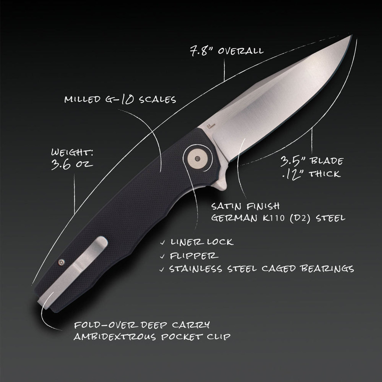 Ocaso The Strategy (OCA29BGD) 3.5" D2 Satin Clip Point Plain Blade, Black G-10 Handle