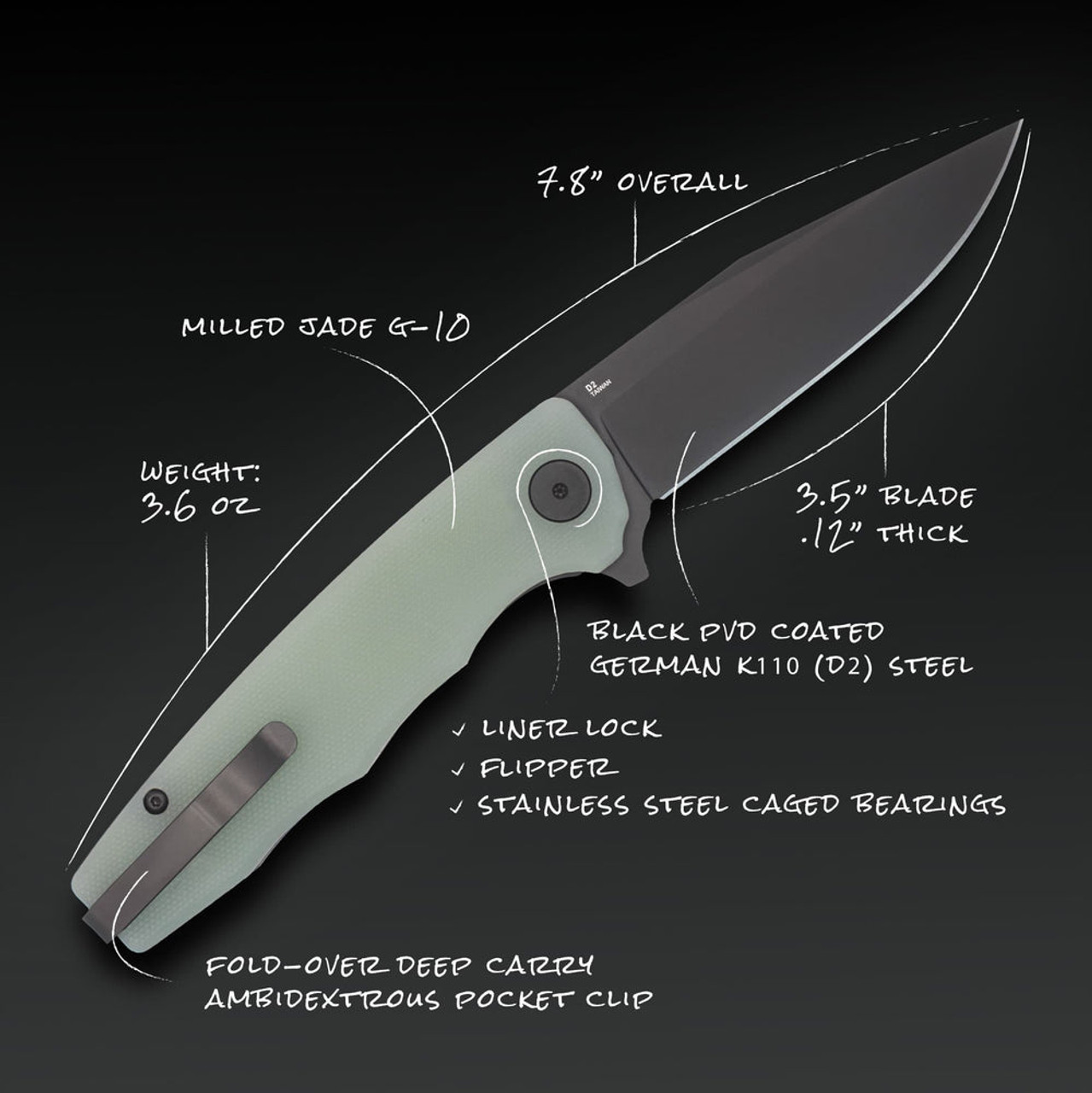 Ocaso The Strategy (OCA29JGB) 3.5" D2 Black Clip Point Plain Blade, Jade G-10 Handle