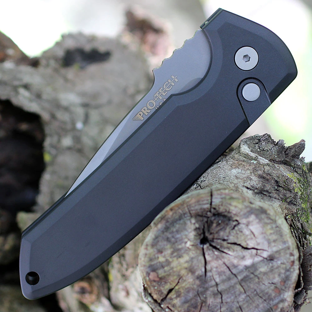Pro-Tech Les George Rockeye Automatic Knife (LG321 D2) - 3.4" D2 Smoke Grey Drop Point Plain Blade, Black Aluminum Handle