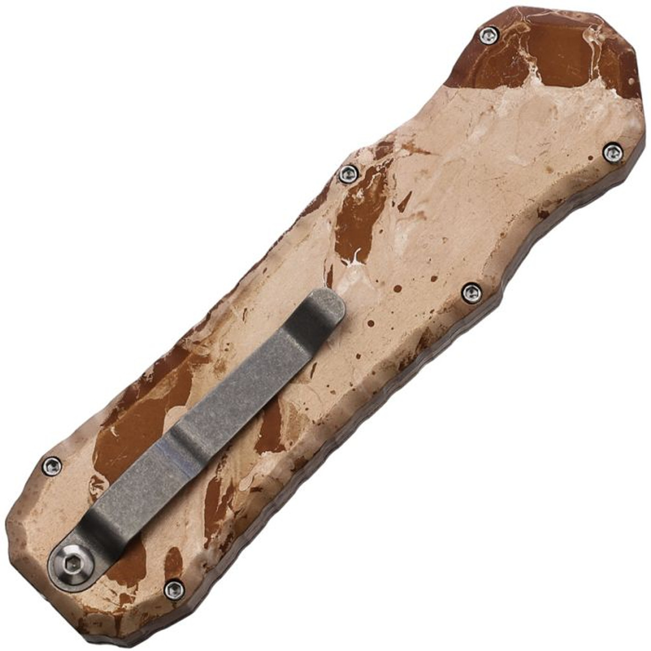 Piranha Excalibur OTF Automatic Knife (PKCP8C) - 3.2" 154CM Stonewashed Dagger Style Blade, Tan Camo Aluminum Handle