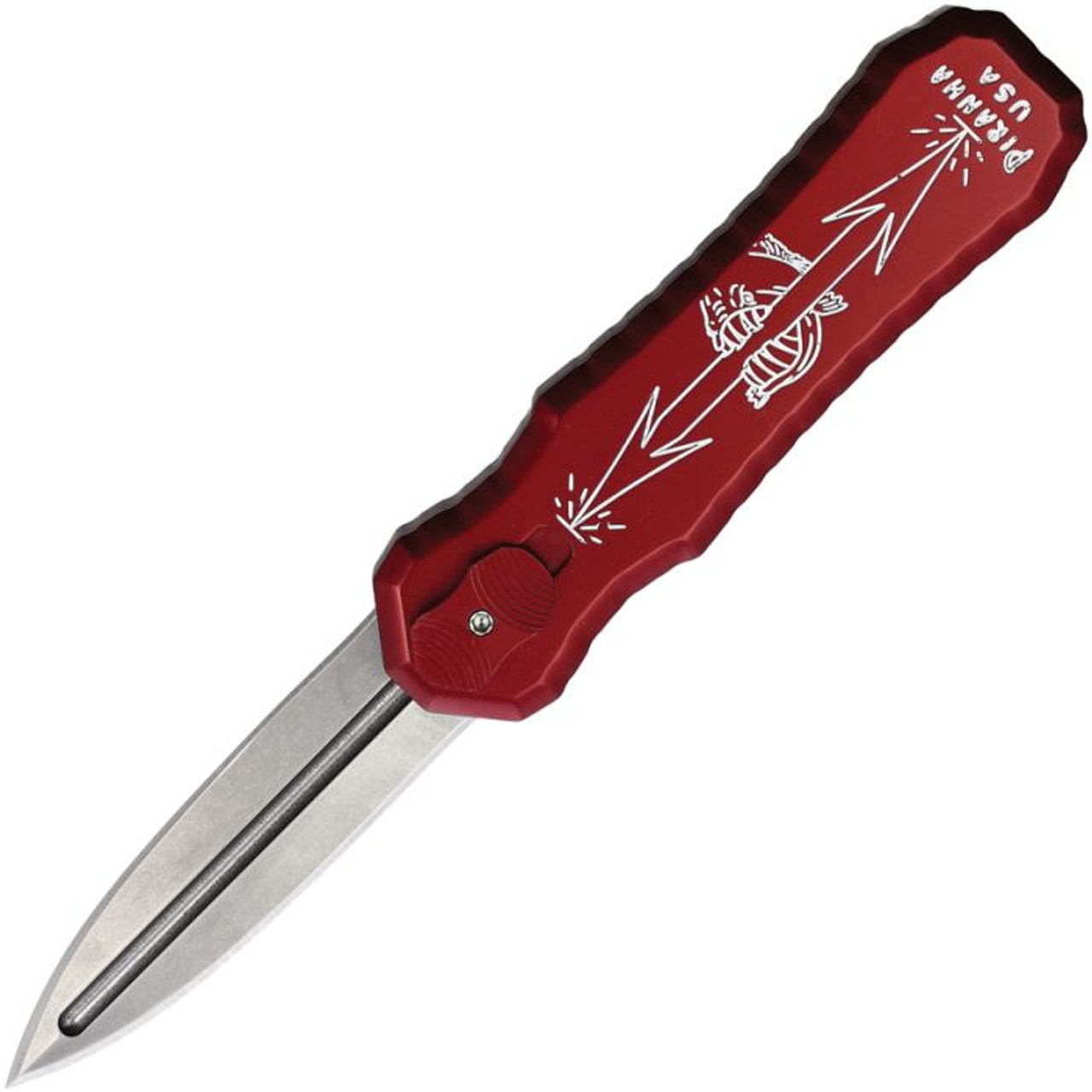 Piranha Excalibur OTF Automatic Knife (PKCP8P) - 3.2" 154CM Stonewashed Dagger Style Blade, Red Aluminum Handle