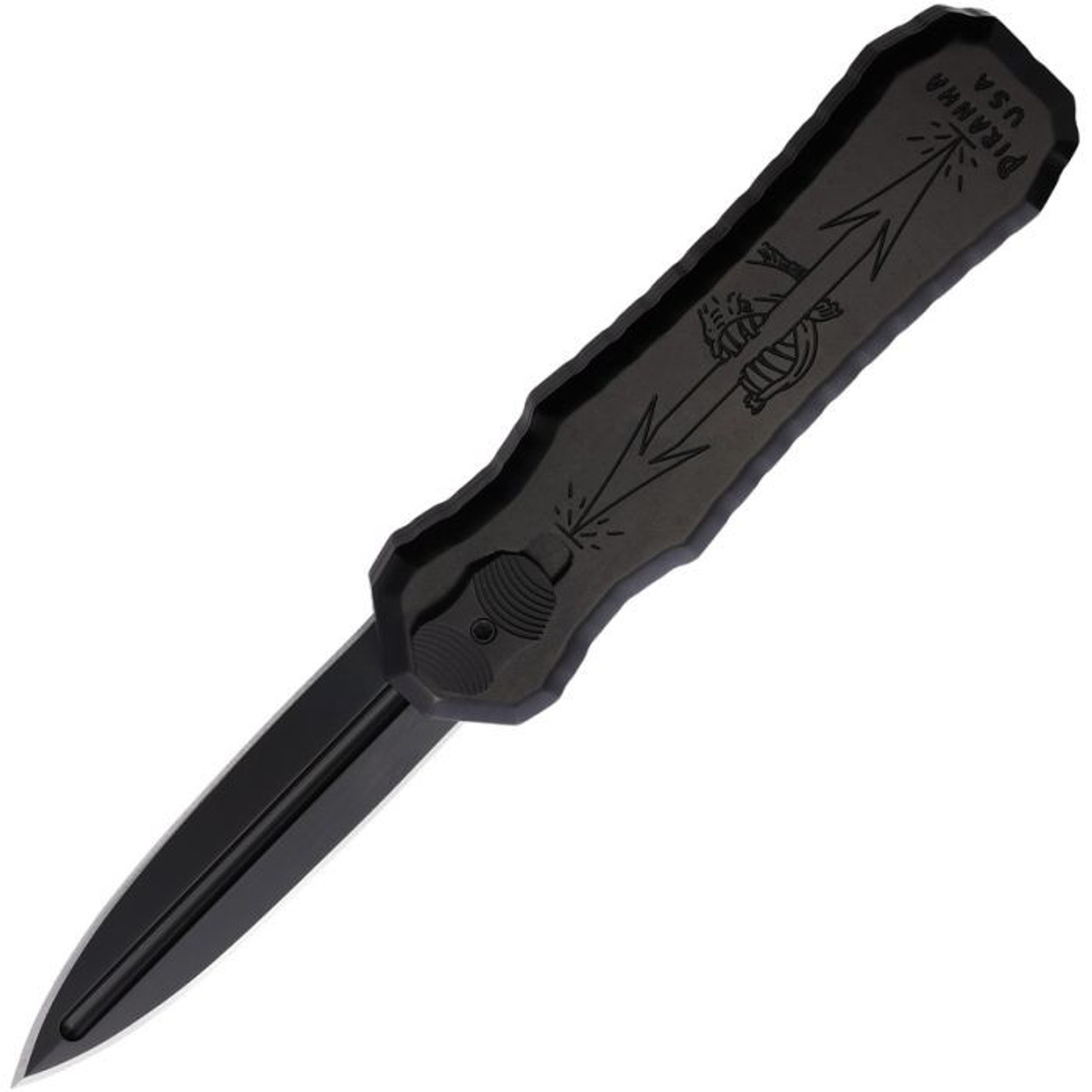 Piranha Excalibur OTF Automatic Knife (PKCP8BKT) - 3.2" 154CM Black Dagger Style Blade, Black Aluminum Handle