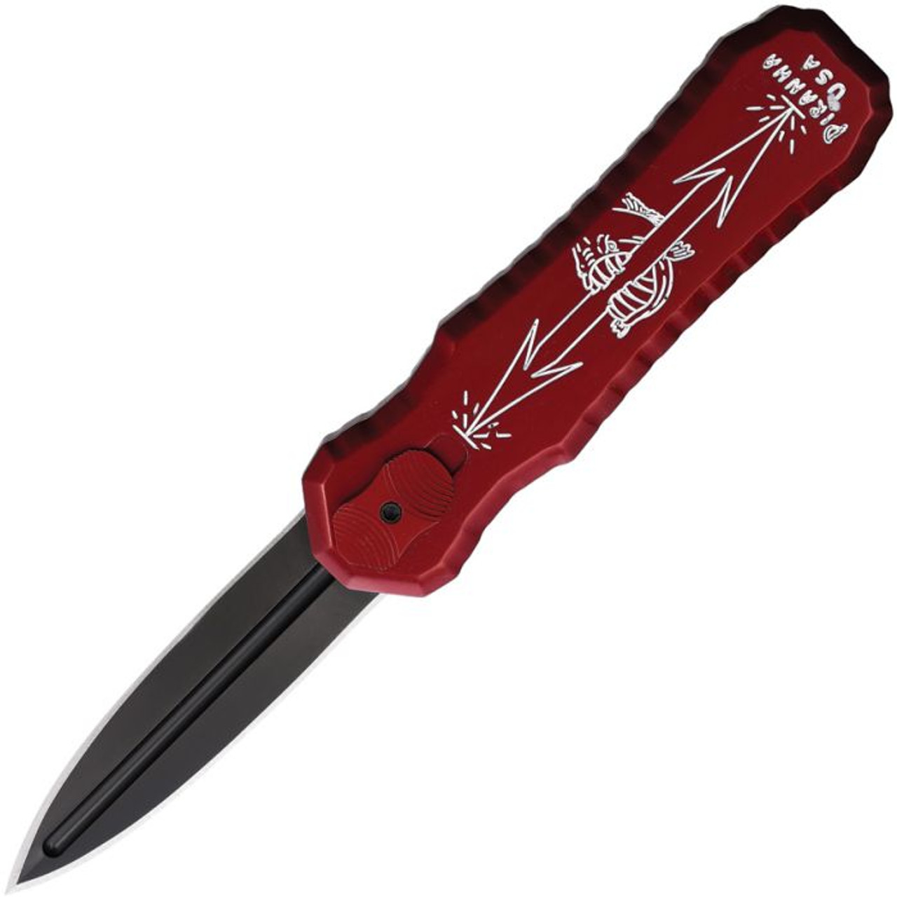 Piranha Excalibur OTF Automatic Knife (PKCP8RT) - 3.2" 154CM Black Dagger Style Blade, Red Aluminum Handle