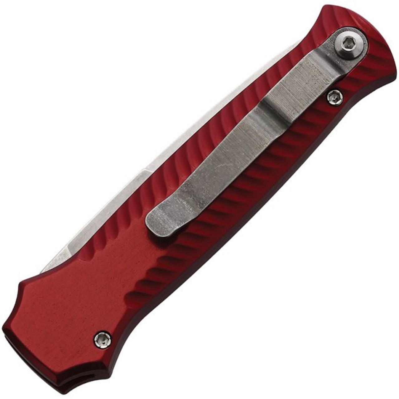 Piranha Mini-Guard Automatic Knife (PKCP7R) - 2.875" S30V Stonewash Plain Spear Point Blade, Red Aluminum Handle