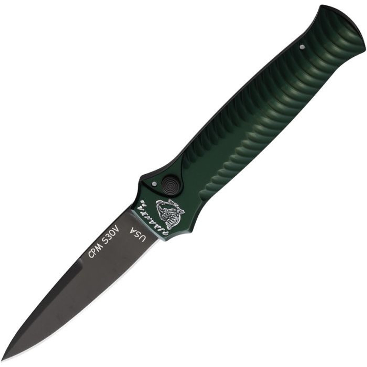 Piranha Mini-Guard Automatic Knife (PKCP7GT) - 2.875" S30V Black Plain Spear Point Blade, Green Aluminum Handle
