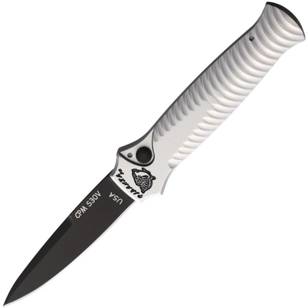 Piranha Mini-Guard Automatic Knife (PKCP7ST) - 2.875" S30V Black Plain Spear Point Blade, Silver Aluminum Handle