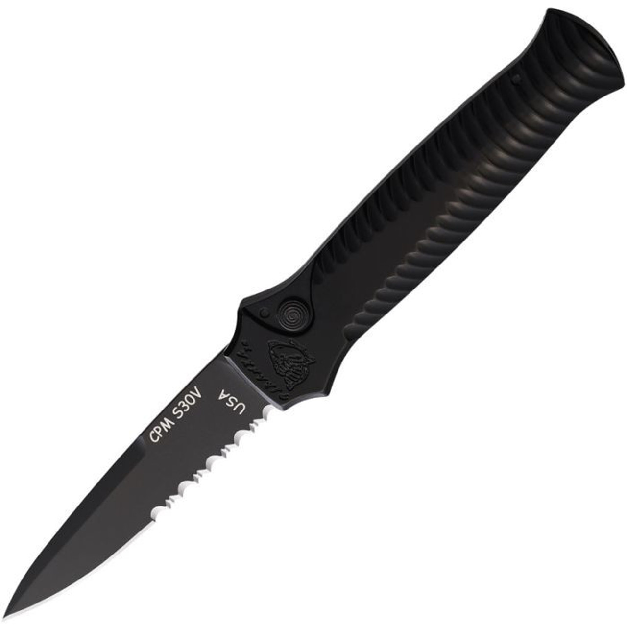 Piranha Mini-Guard Automatic Knife (PKCP7BKTS) - 2.875" S30V Black Partially Serrated Spear Point Blade, Black Aluminum Handle
