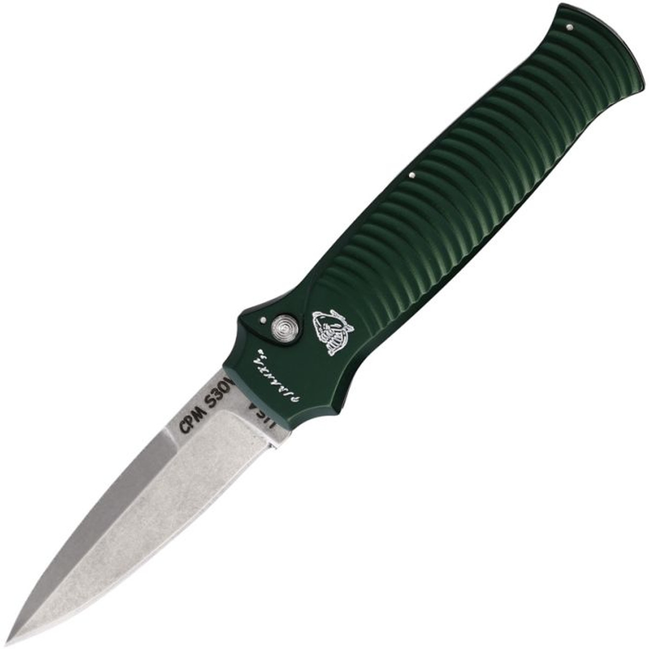 Piranha Bodyguard Automatic Knife (PKCP6G) - 3.30" S30V Stonewash Plain Spear Point Blade, Green Aluminum Handle