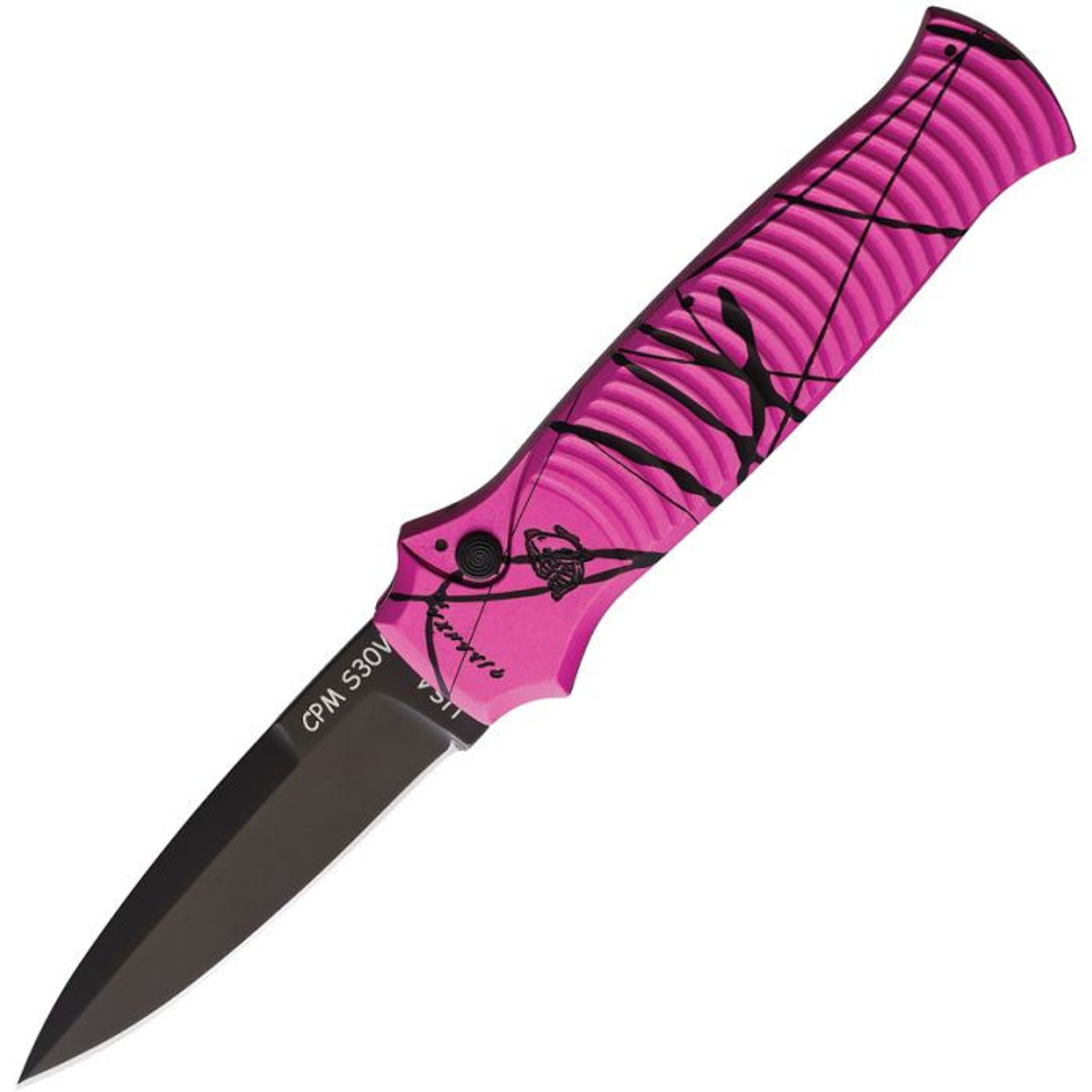 Piranha Bodyguard Automatic Knife (PKCP6PKT) - 3.30" S30V Black Plain Spear Point Blade, Pink Aluminum Handle