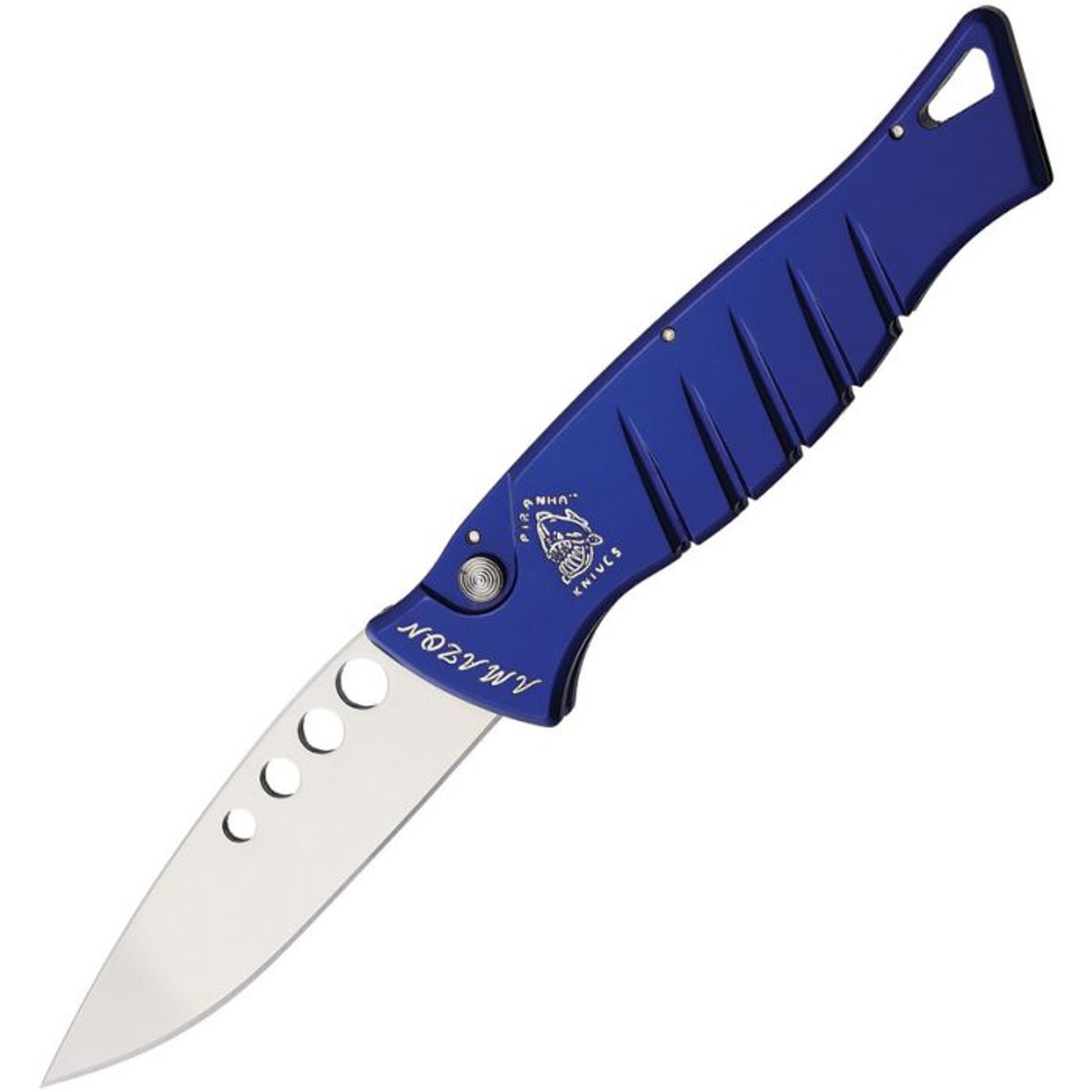 Piranha Amazon Automatic Knife (PKCP3B) - 3.50" 154CM Mirror Polished Drop Point Plain Blade, Blue Aluminum Handle