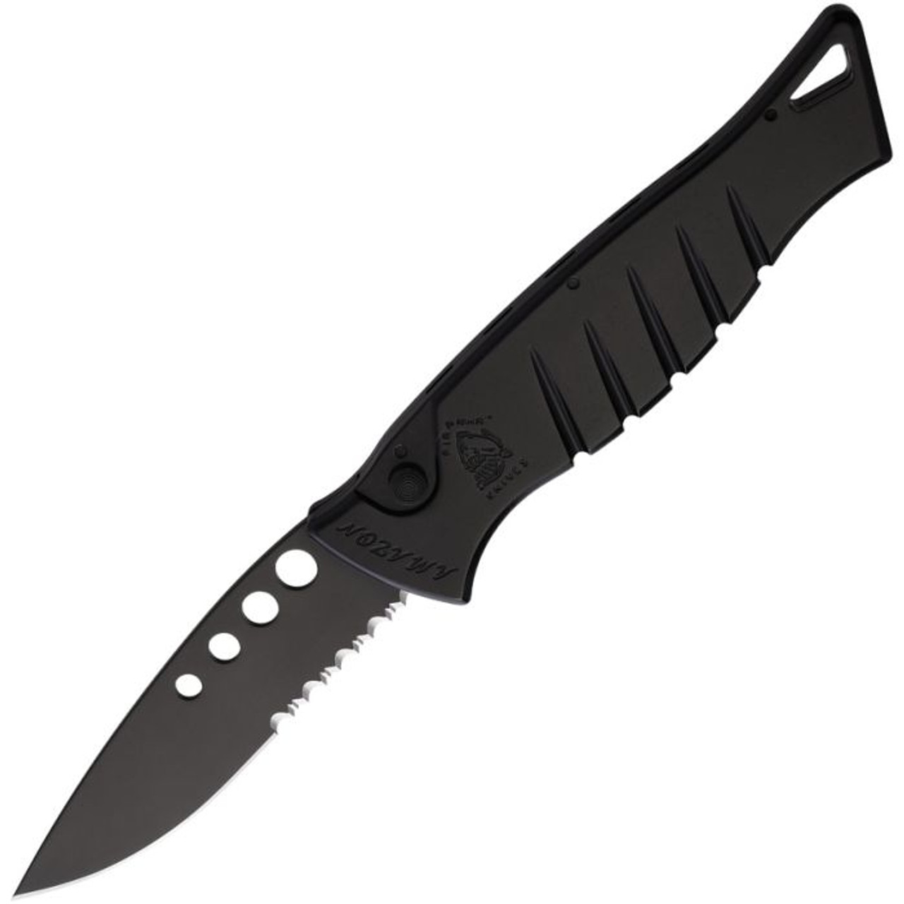 Piranha Amazon Automatic Knife (PKCP3BKTS) - 3.50" 154CM Black Drop Point Partially Serrated Blade, Black Aluminum Handle