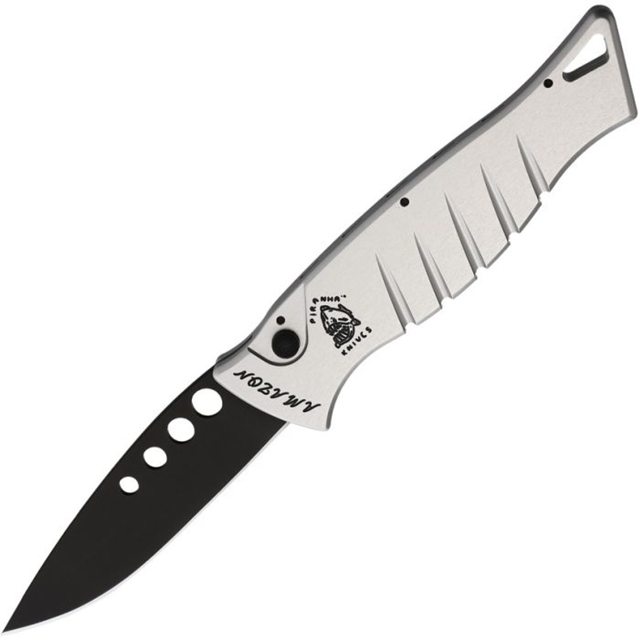 Piranha Amazon Automatic Knife (PKCP3ST) - 3.50" 154CM Black Drop Point Plain Blade, Silver Aluminum Handle