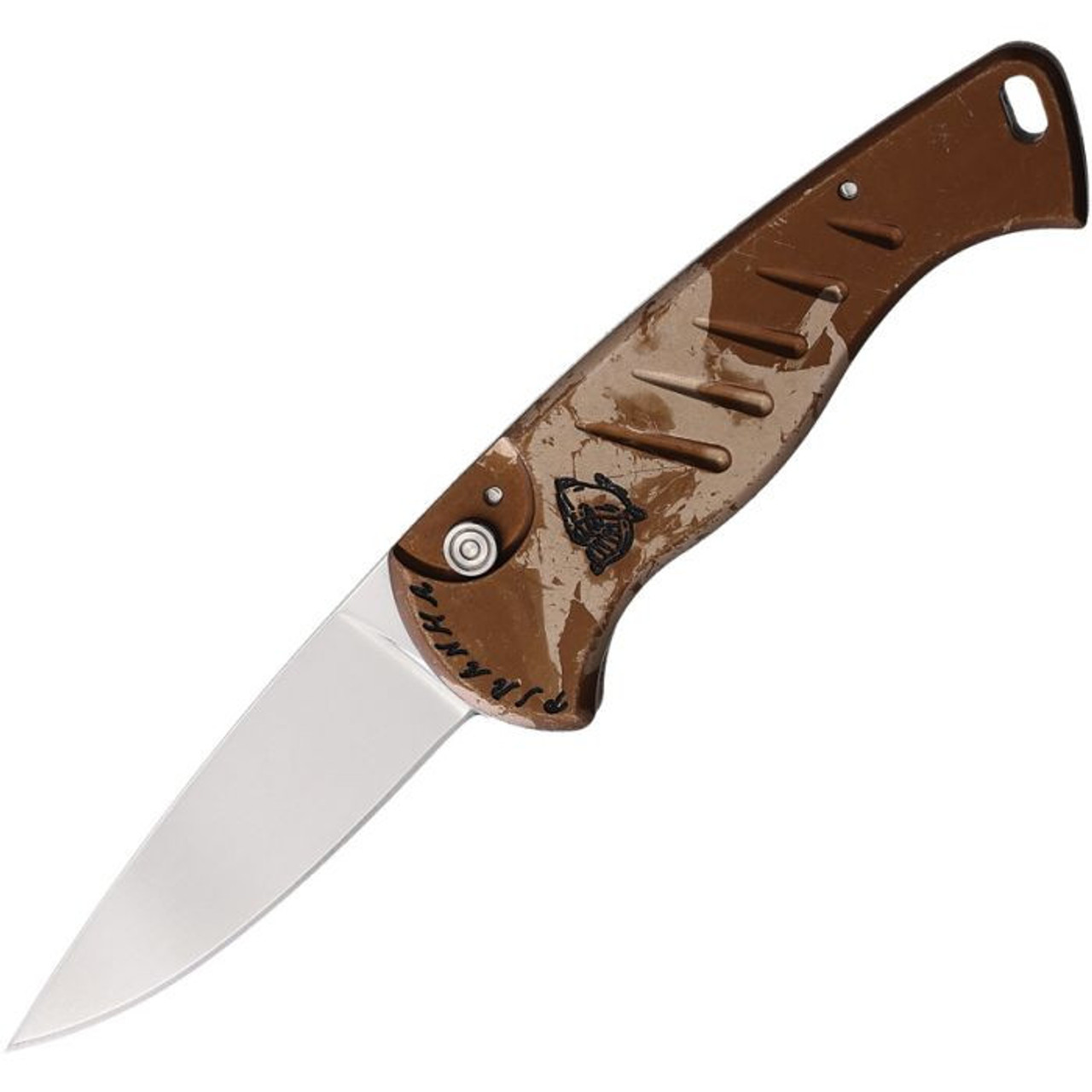 Piranha Fingerling Automatic Knife (PKCP2C) - 2.50" 154CM Mirror Polish Drop Point Plain Blade, Tan Camo Aluminum Handle