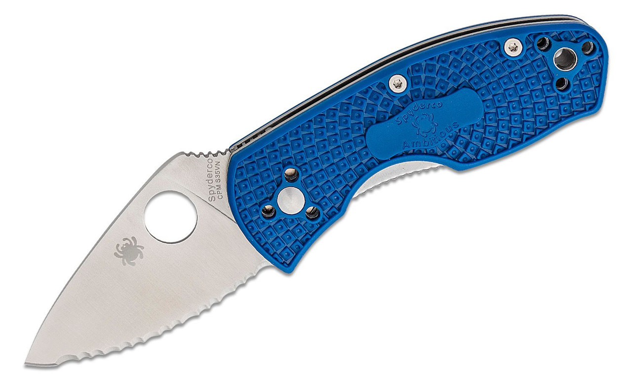 Spyderco Ambitious Lightweight (C148SBL) 2.31" S35VN Satin Drop Point Fully Serrated Blade, Blue FRN Handle.