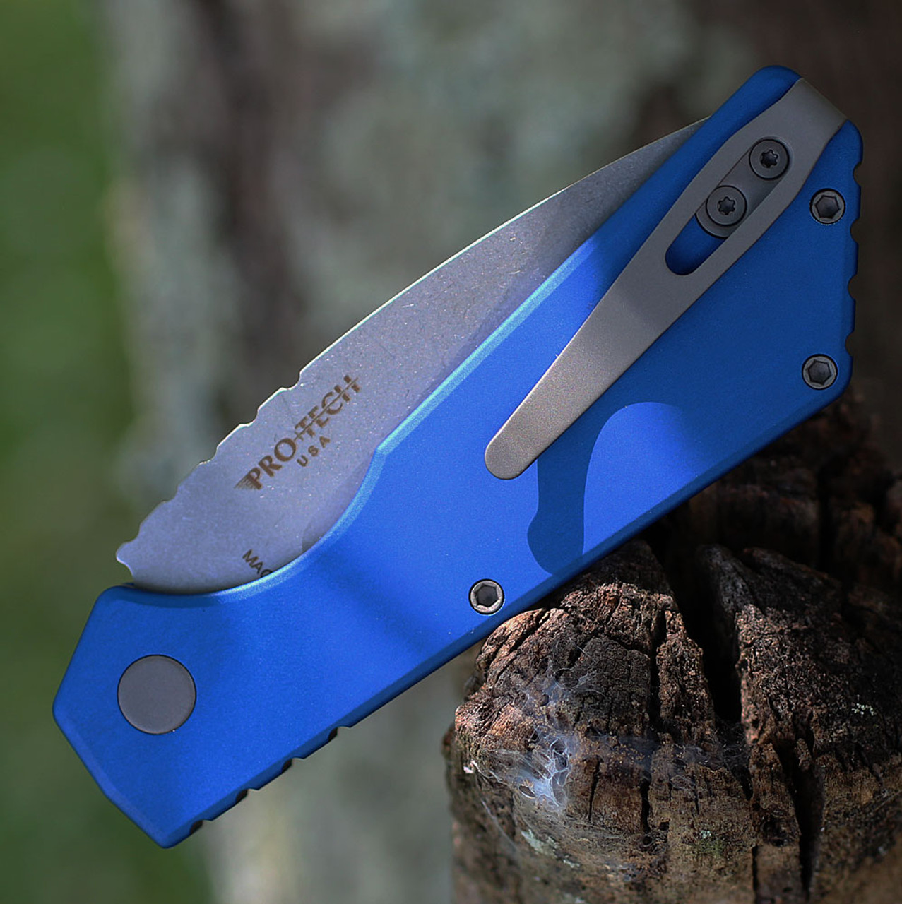 Pro-Tech Strider PT+ (PT201-BLUE) 3.94" Stonewash Magnacut Drop Point Blade, Blue Aluminum Handle