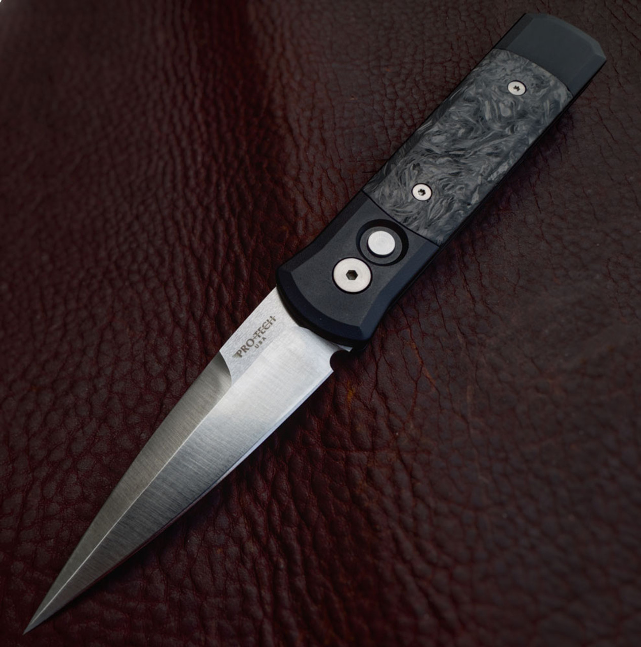 Pro-Tech Godson Automatic "Dark Matter" (704-DM) - 3.15" 154CM Satin Spear Point Blade, Black Aluminum Handle with Dark Matter FatCarbon Inlays