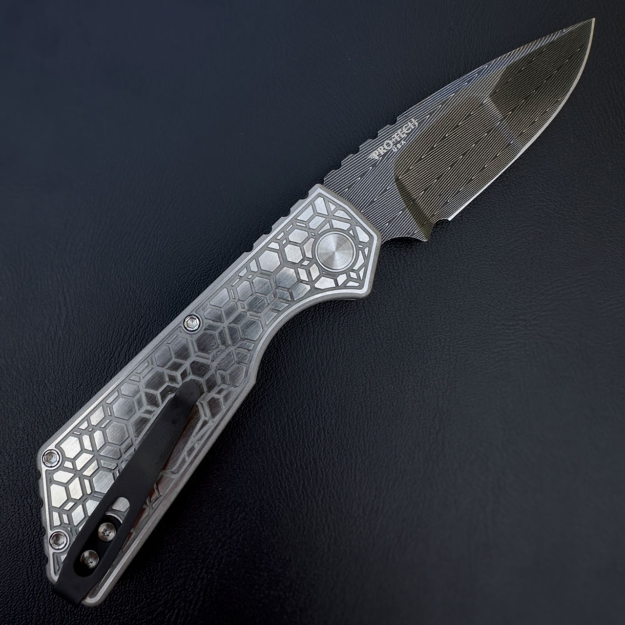 Pro-Tech PT+ Strider 2023.003 Custom - 3.94" Vegas Forge Damascus Drop Point Mike Irie Compound Ground, Gridlock Textured 17-4 Steel Handle with Mother of Pearl Push Button