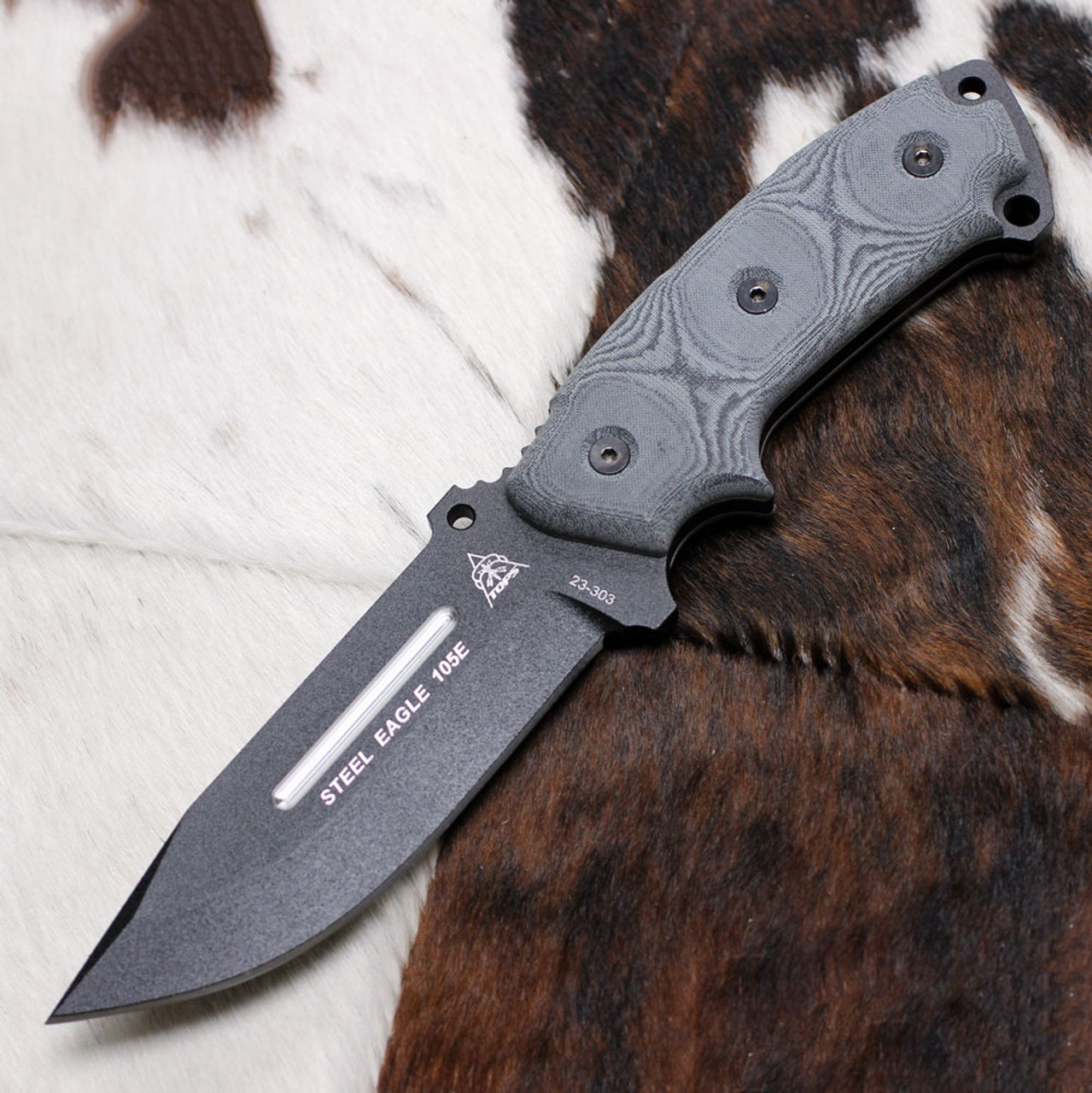 Tops Steel Eagle 105E (TPSE105E) 5.00" 1095 Black Fixed Blade, Black Linen Micarta Handle