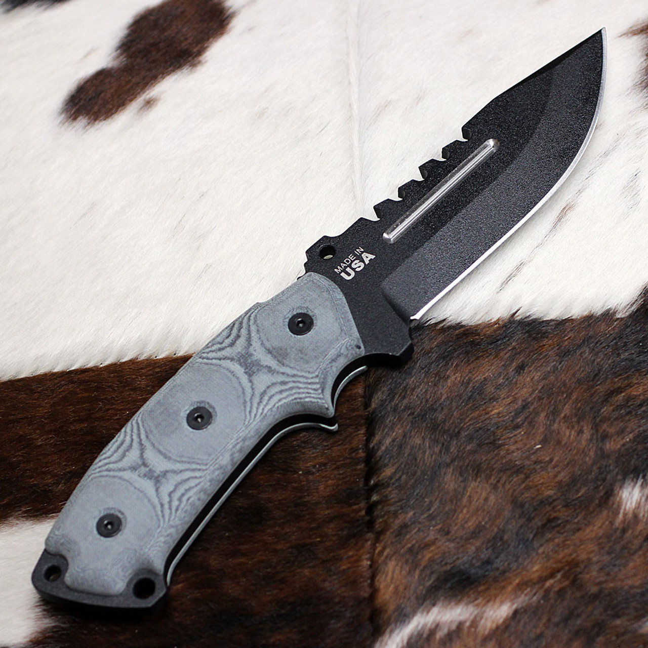 Tops Steel Eagle 105C (TPSE105C) 5.00" 1095 Black Fixed Blade with Serrations, Gray Micarta Handle