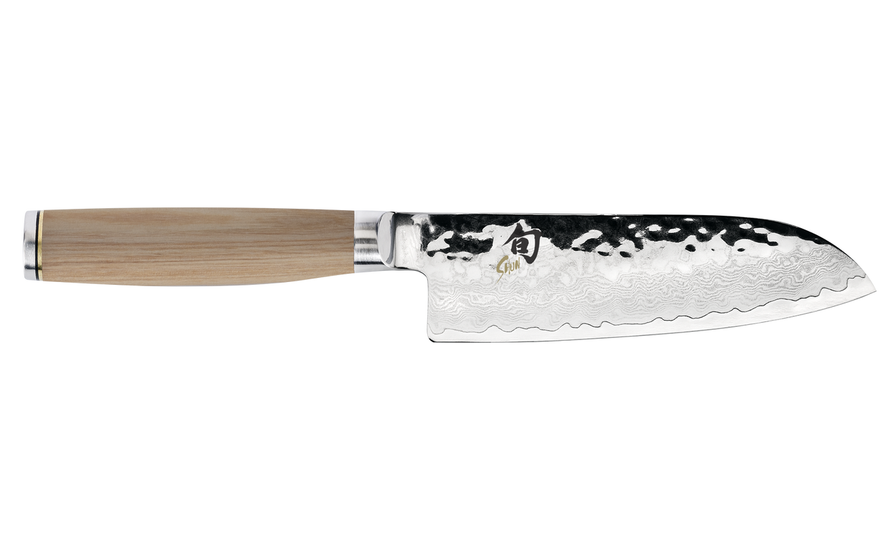 Shun Cutlery Premier Santoku (TDM0727W) 5.5" Damascus Blade with Hammered Satin Finish, Blonde Pakkawood Handle