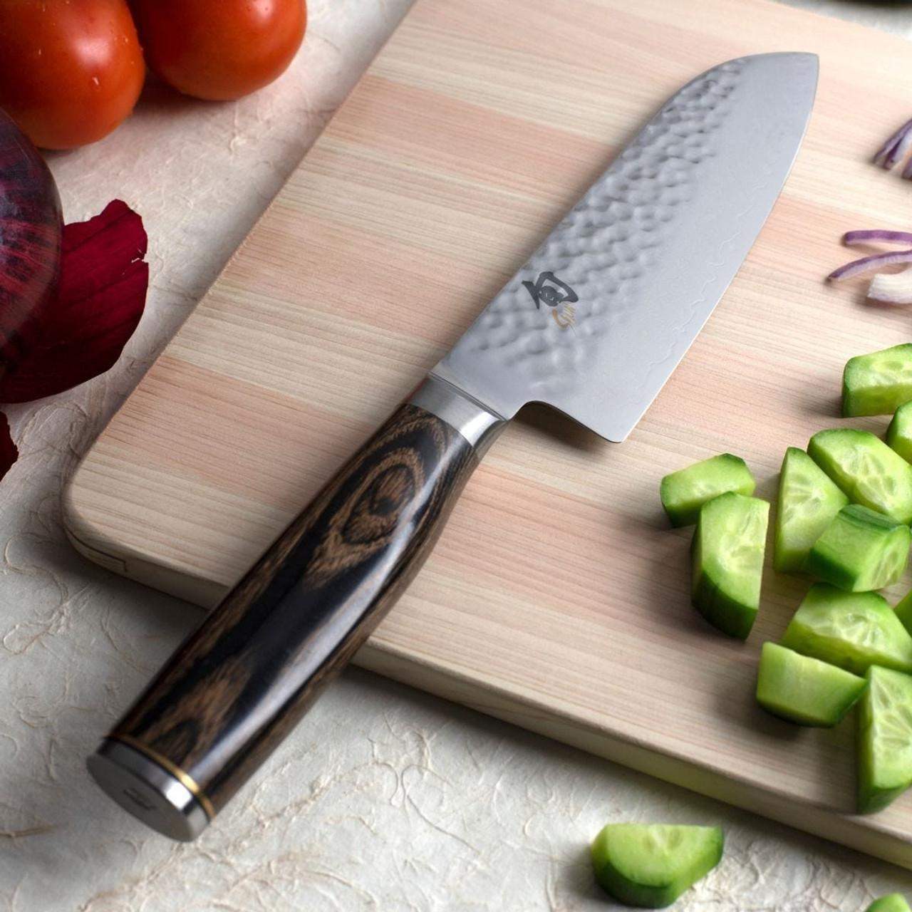 hun Cutlery Premier Santoku (TDM0727) 5.5" Damascus Blade with Hammered Satin Finish, Walnut Finished Pakkawood Handle