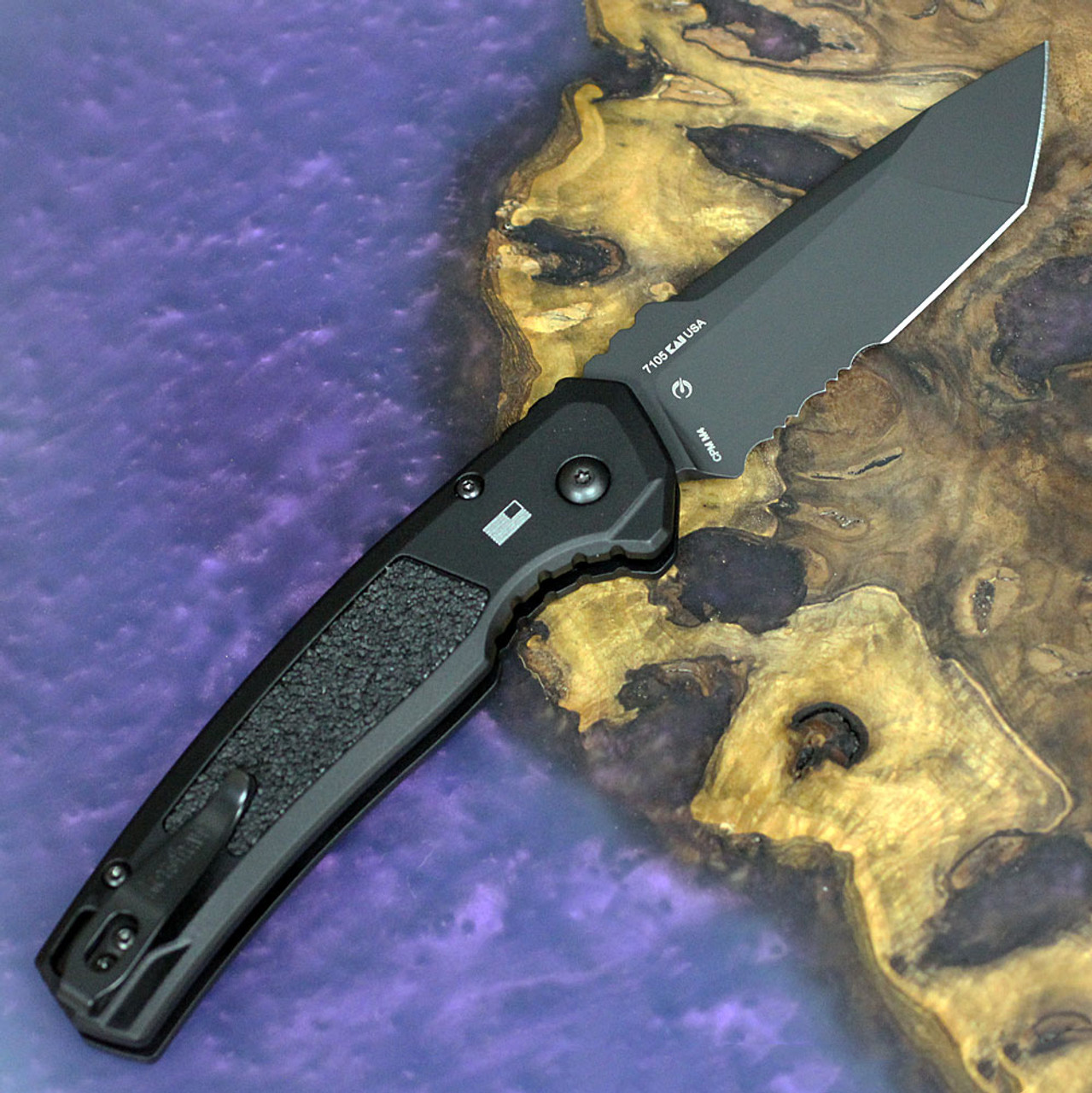 Kershaw Launch 16 Automatic Knife (7105)- 3.45" Black Cerakote CPM-M4 Partially Serrated Tanto Blade, Black Aluminum Handle w/ Trac-Tec Inserts