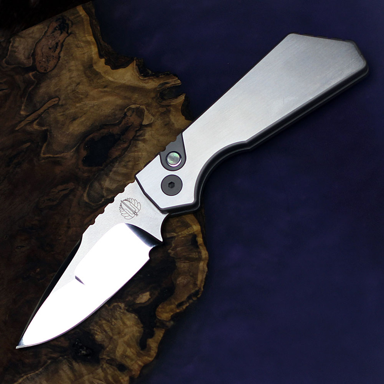 Pro-Tech 2023 Strider PT+ Custom 005 Strider - 3.06" CPM-154CM, Satin/Blasted Chamfers 17-4 Steel Chassis Handle with Mother of Pearl Push Button