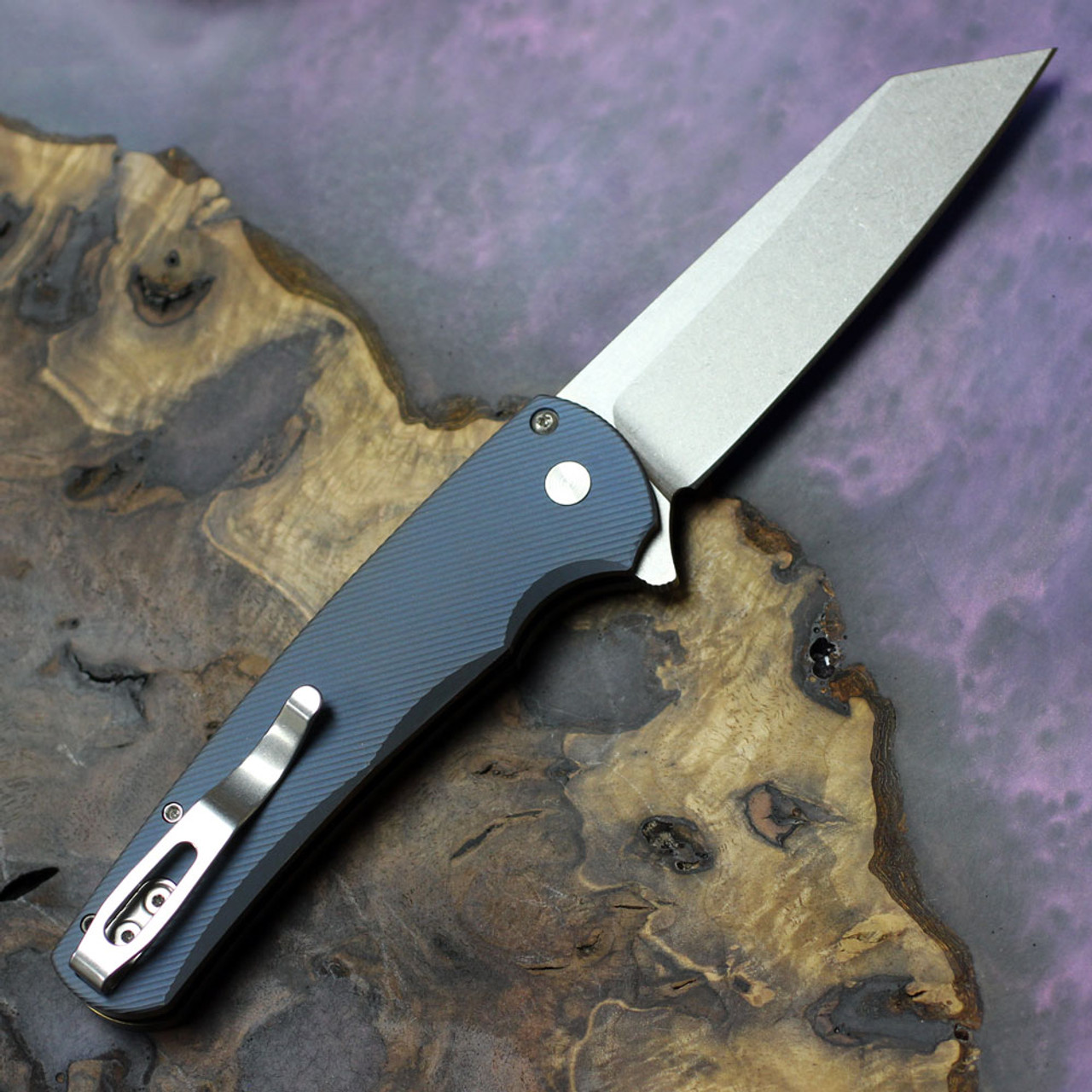 Pro-Tech Knives 2023 Malibu 2023 Custom 006 - 3.25" Stonewashed CPM-20CV Reverse Tanto Plain Blade, Matte Blue and Satin Bronze Anodized Titanium Handle