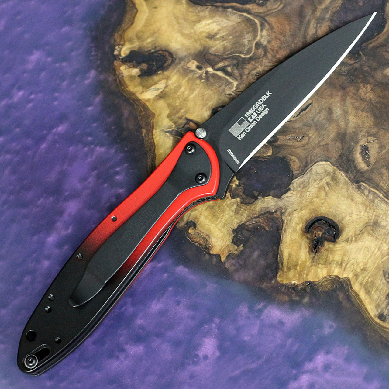 Kershaw Leek Assisted Opening Knife (1660GRDBLK)- 3.00" Black Magnacut Drop Point Blade, Gradient Red and Black Aluminum Handle