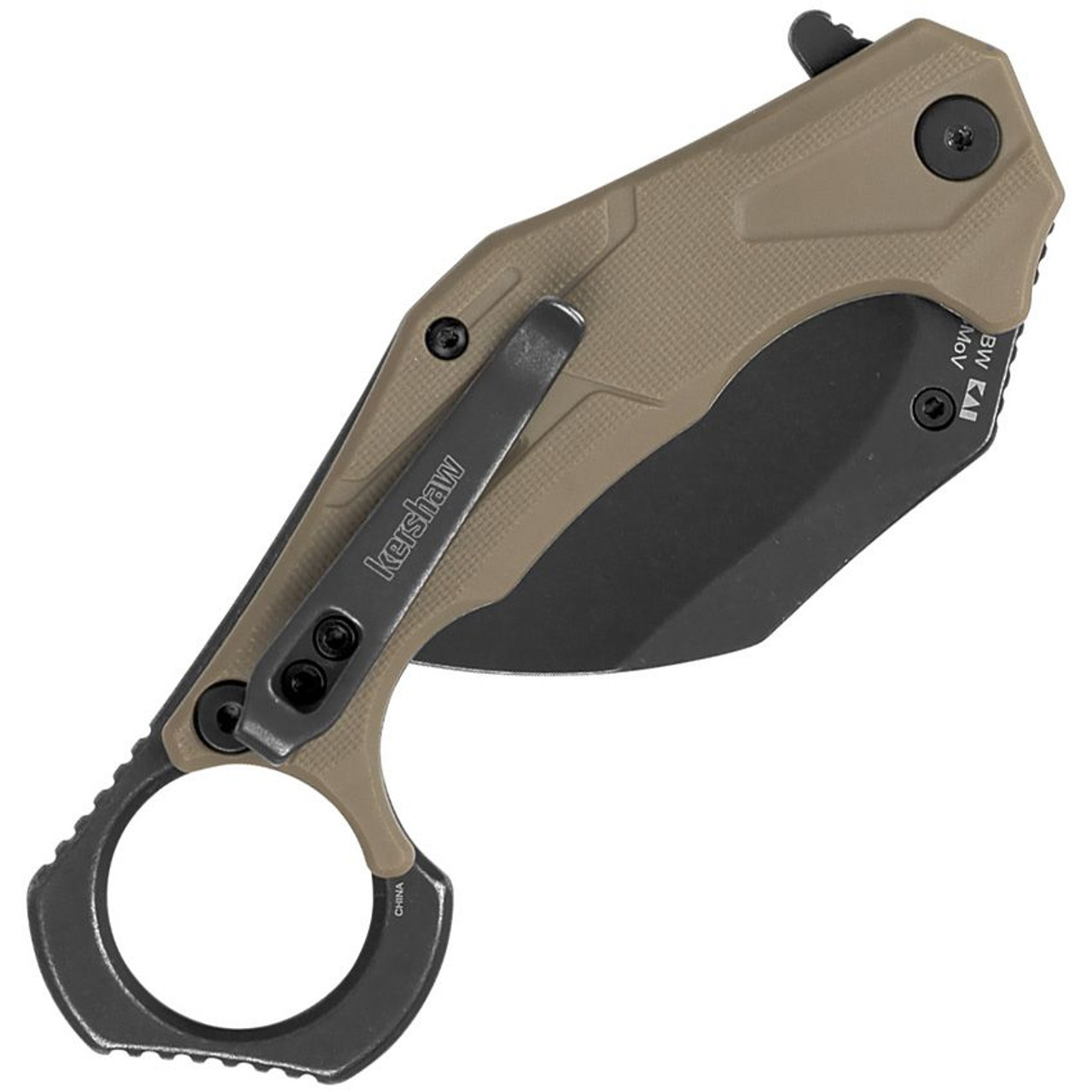 Kershaw Outlier Assisted Opening Knife (2064TANBW) 2.6" Blackwashed 8Cr13MoV Hawkbill Blade, Tan GFN Handle