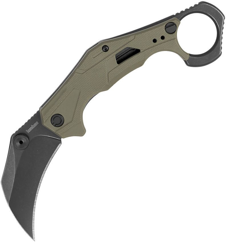 Kershaw Outlier 2064ODBW assisted opening karambit profile view showing 2.5-inch BlackWash hawkbill blade and OD green handle.