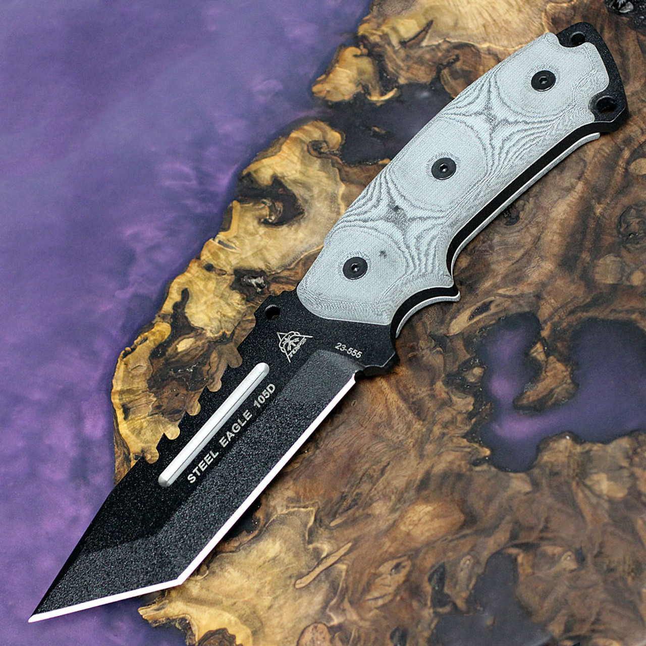 Tops Steel Eagle (TPSE105D) 5.00" 1095 Black Tanto Blade with Saw Teeth, Black Linen Micarta Handle