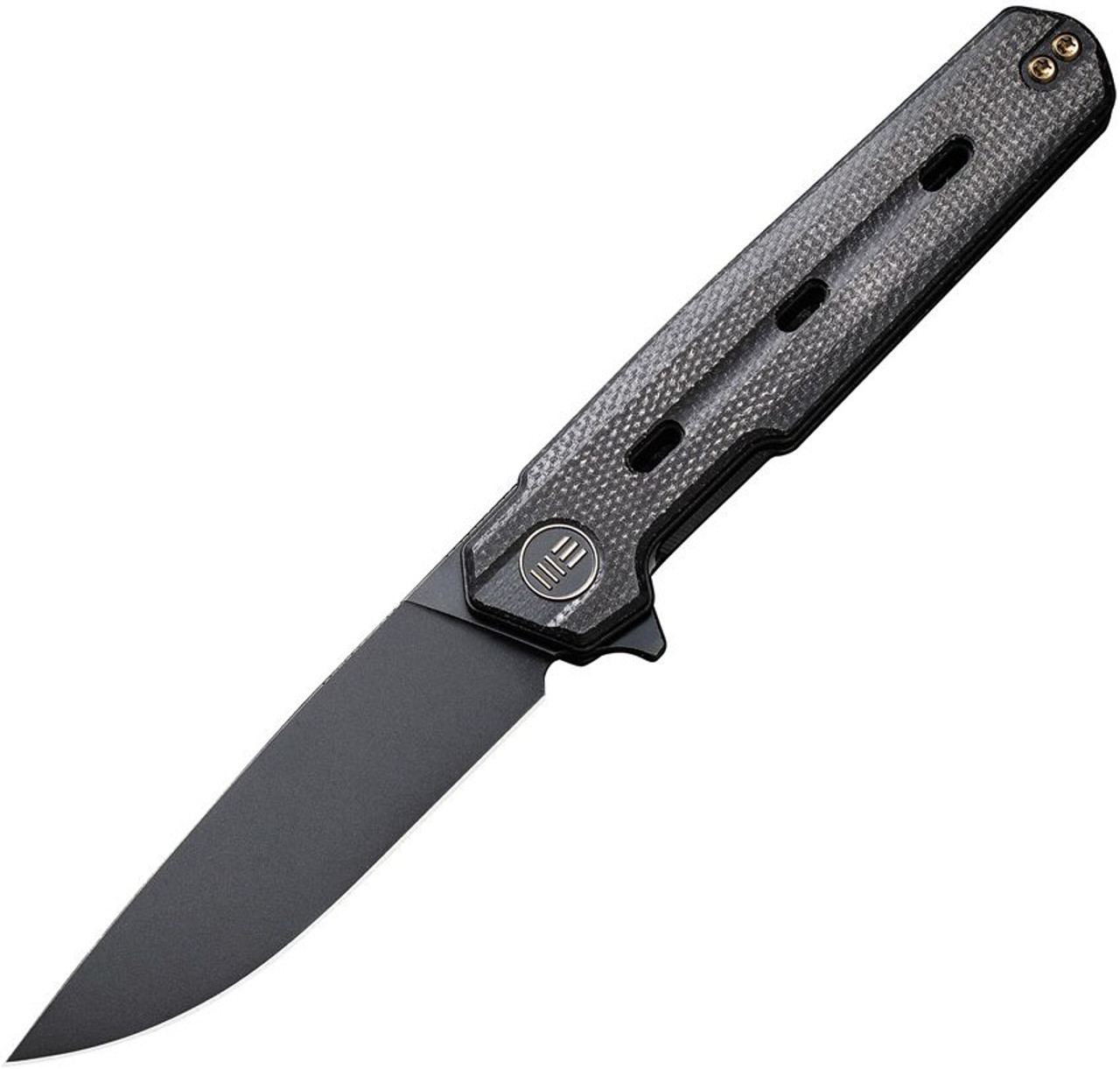 WE Navo Flipper (WE220261) 3.25 Black Stonewashed CPM 20CV Blade, Black Canvas Micarta Handle, Black Titanium Liner