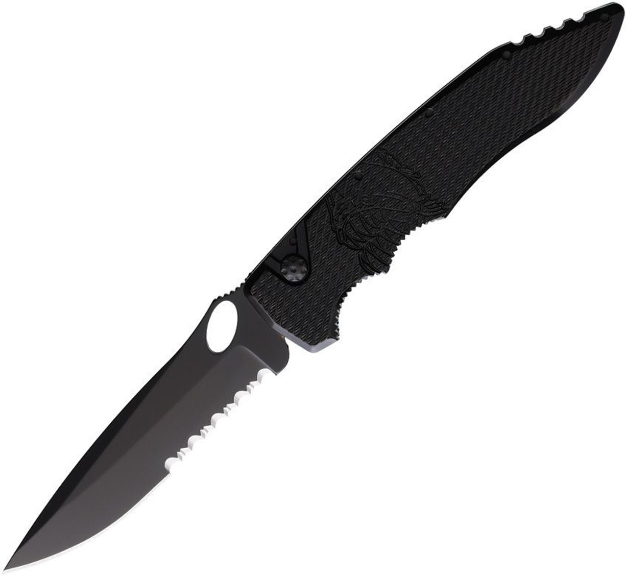 Piranha Mini Predator (PKCP11BKTS) 3.5" Black Serrated Blade, Black Aluminum Handle
