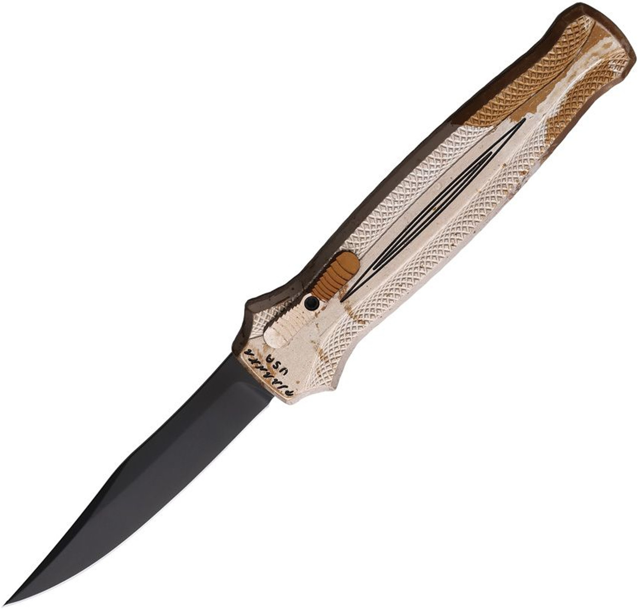 Piranha Rated-R (PKCP19CT) 3.5" 154CM Black Clip Point Blade, Tan Camo Aluminum Handle