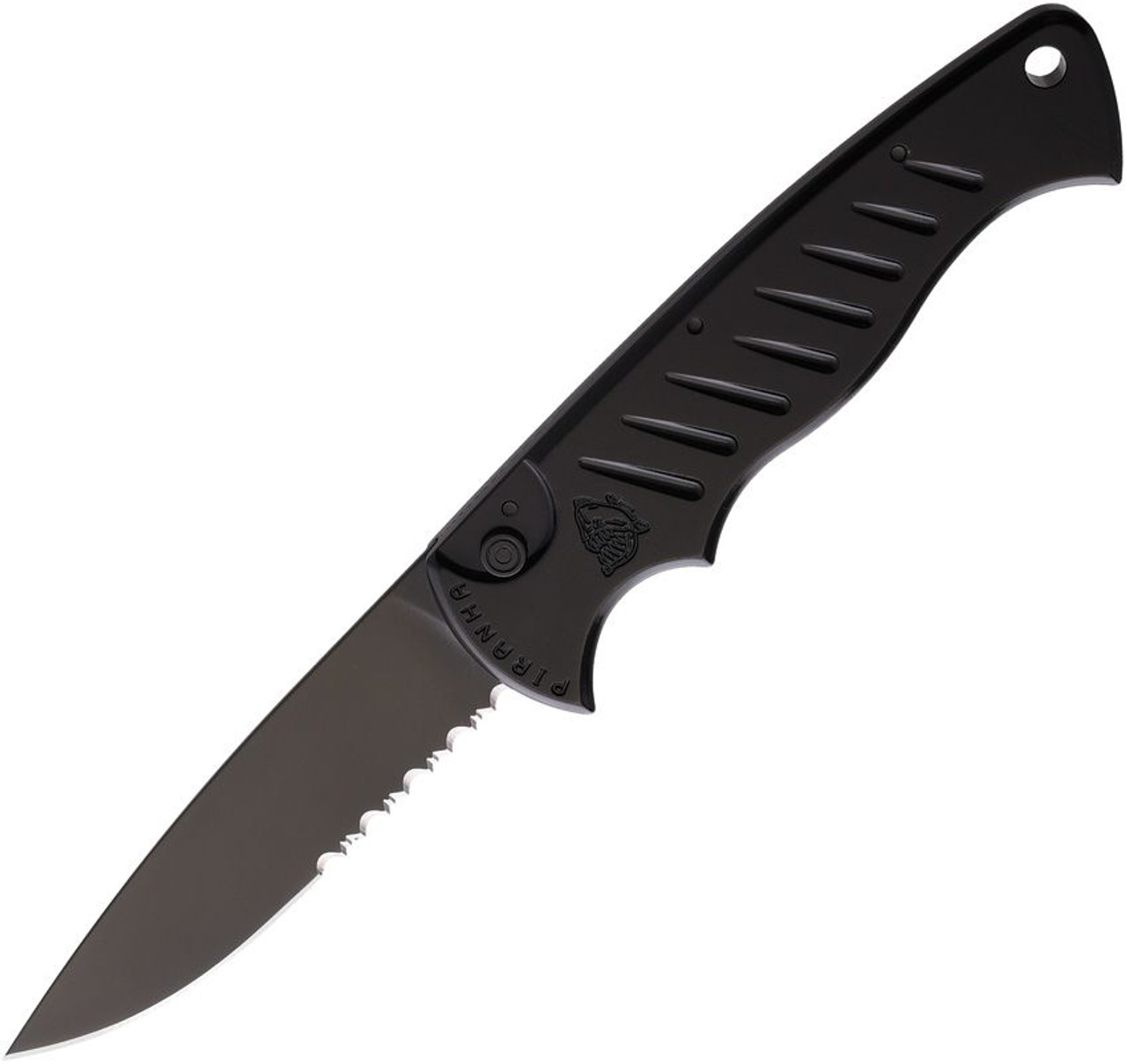 Piranha Pocket (PKCP1BKTS) 3.2" 154CM Black Drop Point Partially Serrated Blade, Black Aluminum Handle