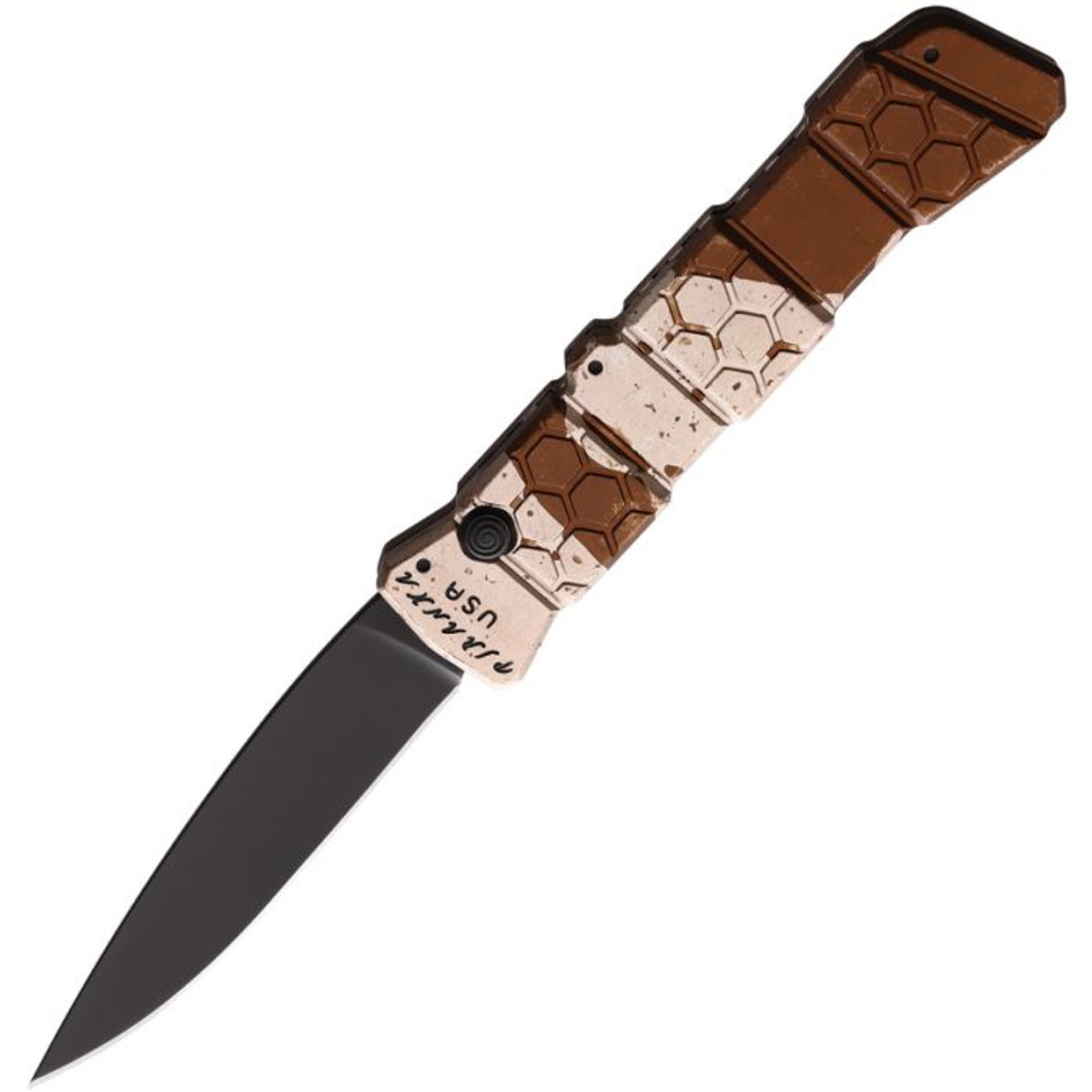 Piranha Auto 21 (PKCP21CT) 3.375" Black CPM S30V Drop Point Blade, Tan Camo Aluminum Handle