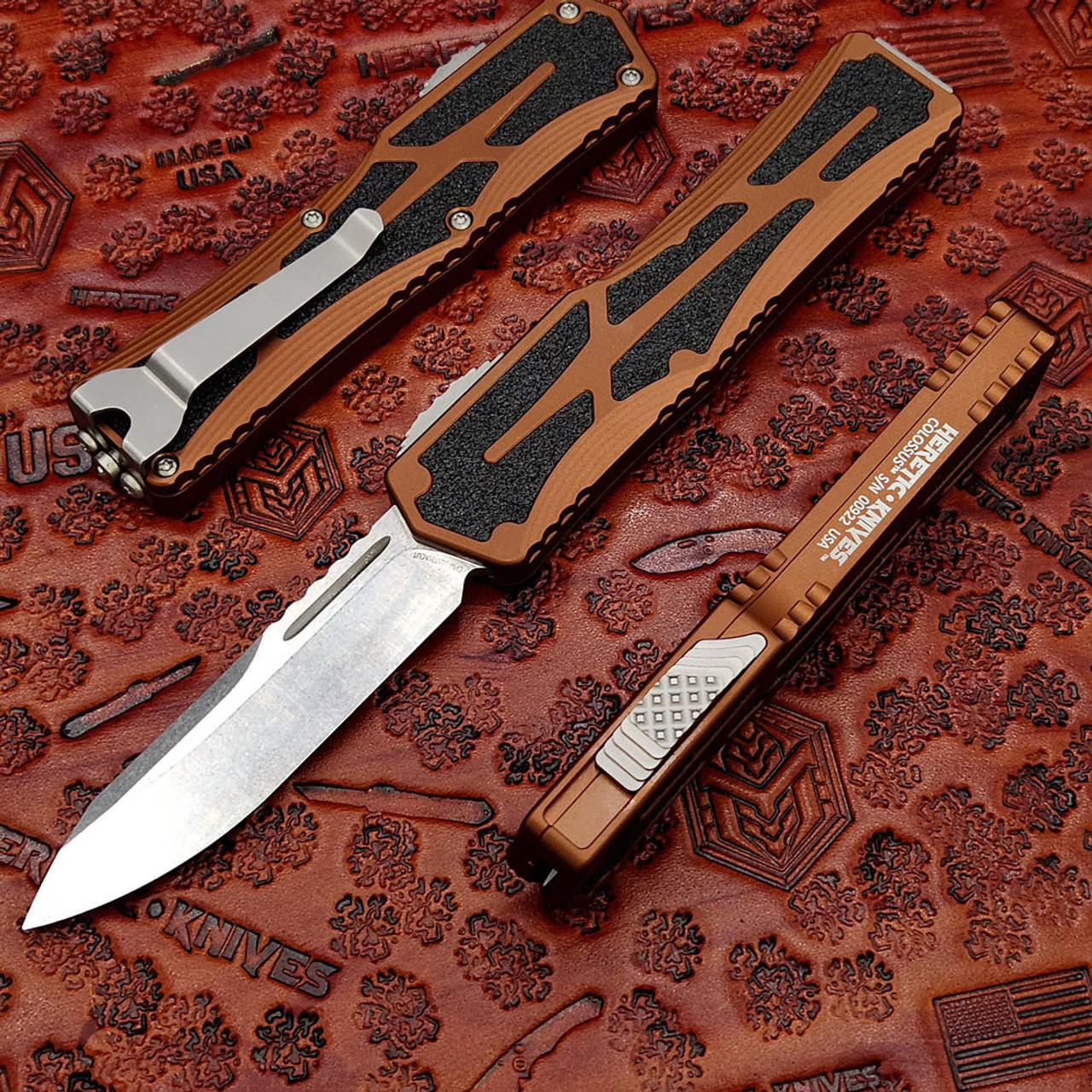 Heretic Colossus SE (H039-2A-RB) - 3.50" Stonewash CPM-MagnaCut Drop Point Plain Edge, Root Beer Aluminum Handle w/Black Grip Inlays