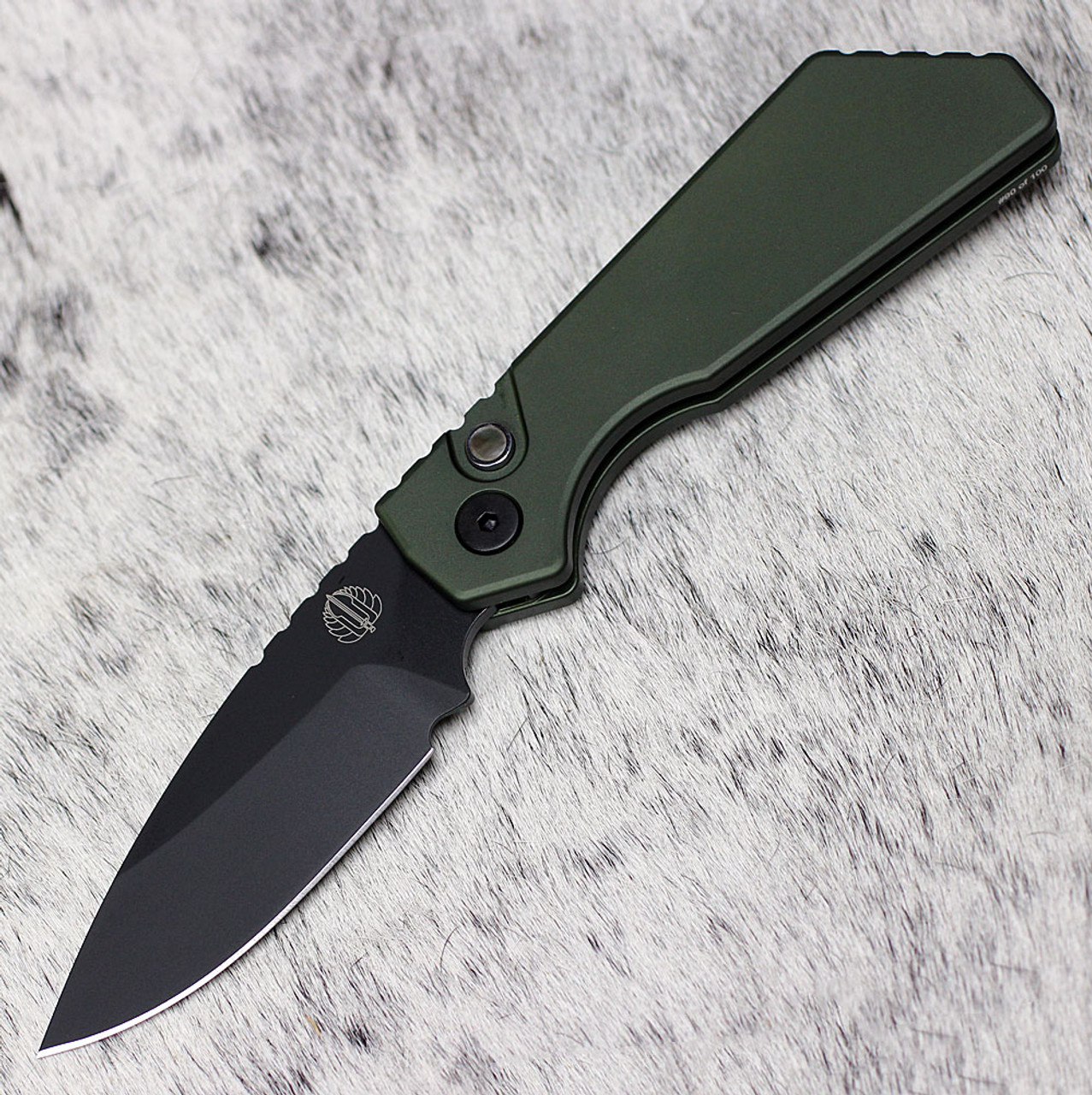 Pro-Tech Strider PT+ 2023 Blade Show - 3.0in  Black DLC Magancut Drop Point Plain Blade, Green  Aluminum Handle with MOP Push Button