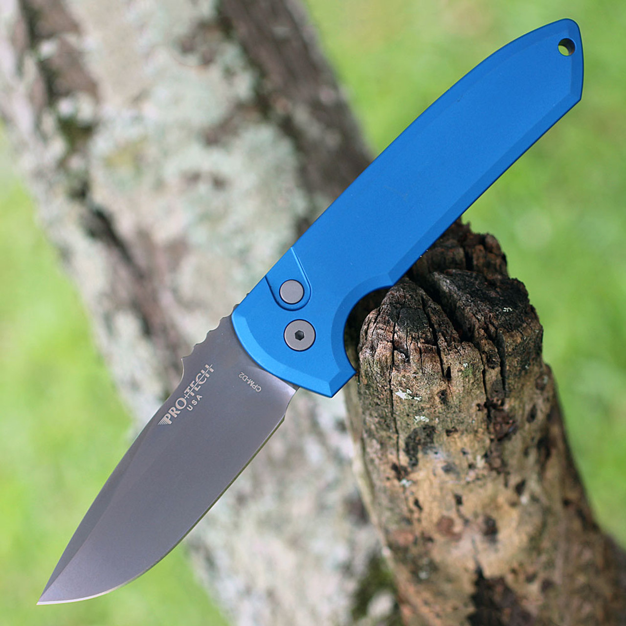 Pro-Tech Les George Rockeye Automatic Knife (LG321-D2 Blue) - 3.4" D2 Smoke Grey Drop Point Plain Blade, Blue Aluminum Handle